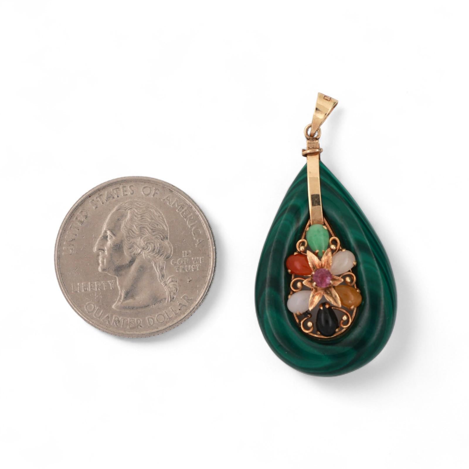 Vintage Malachite Multi-Gemstone Teardrop Pendant 14K Yellow Gold 1.65" Estate