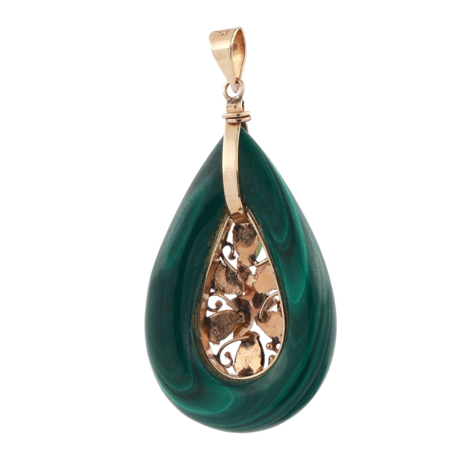 Vintage Malachite Multi-Gemstone Teardrop Pendant 14K Yellow Gold 1.65" Estate
