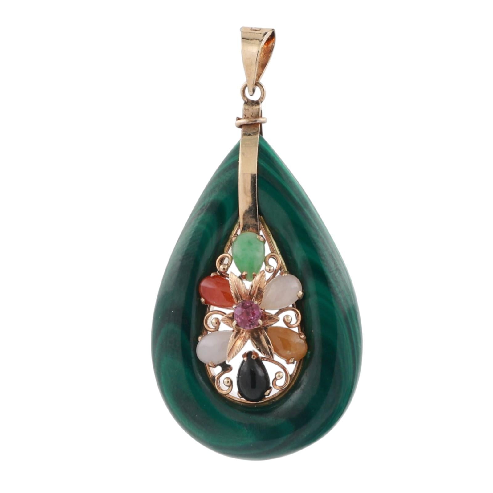 Vintage Malachite Multi-Gemstone Teardrop Pendant 14K Yellow Gold 1.65" Estate