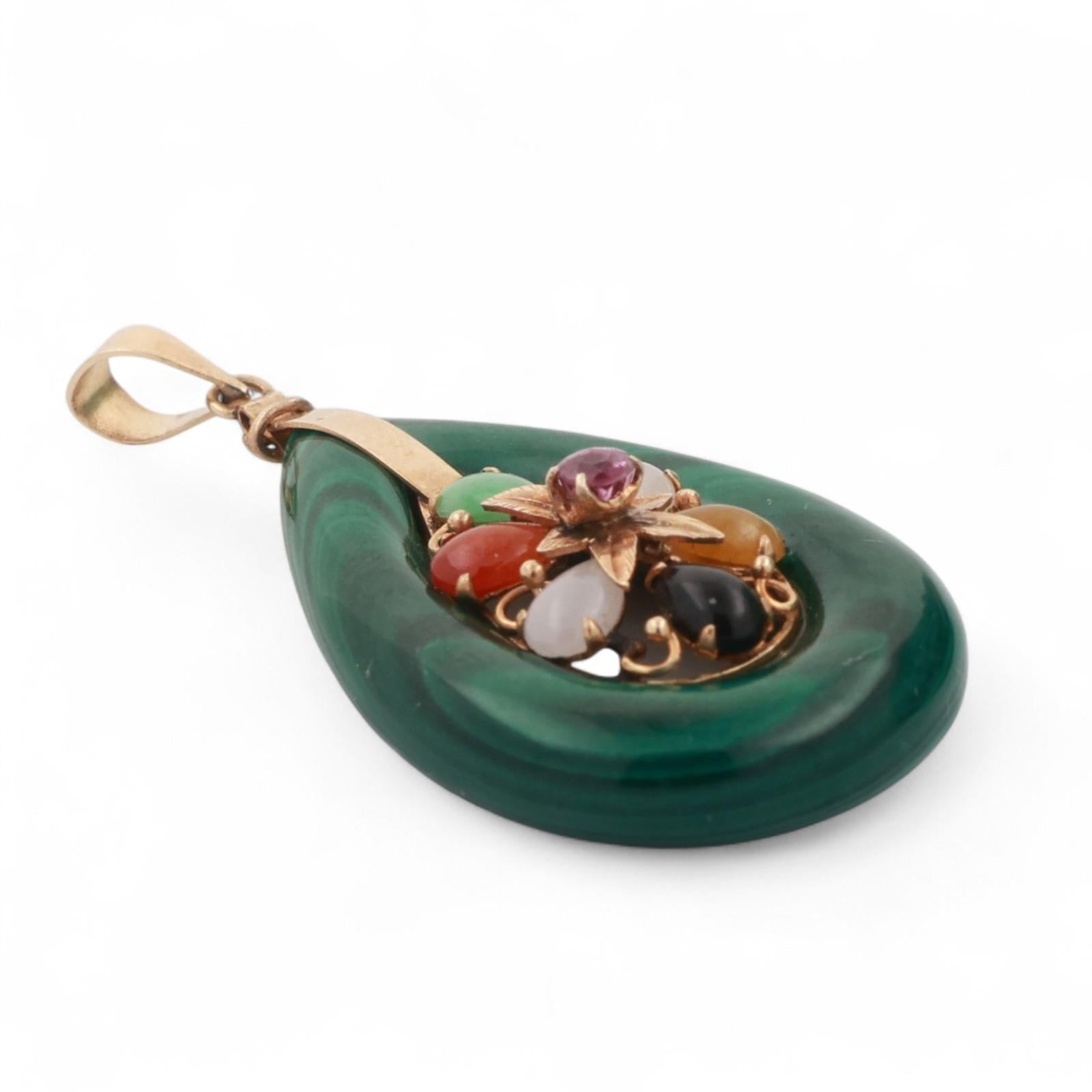 Vintage Malachite Multi-Gemstone Teardrop Pendant 14K Yellow Gold 1.65" Estate