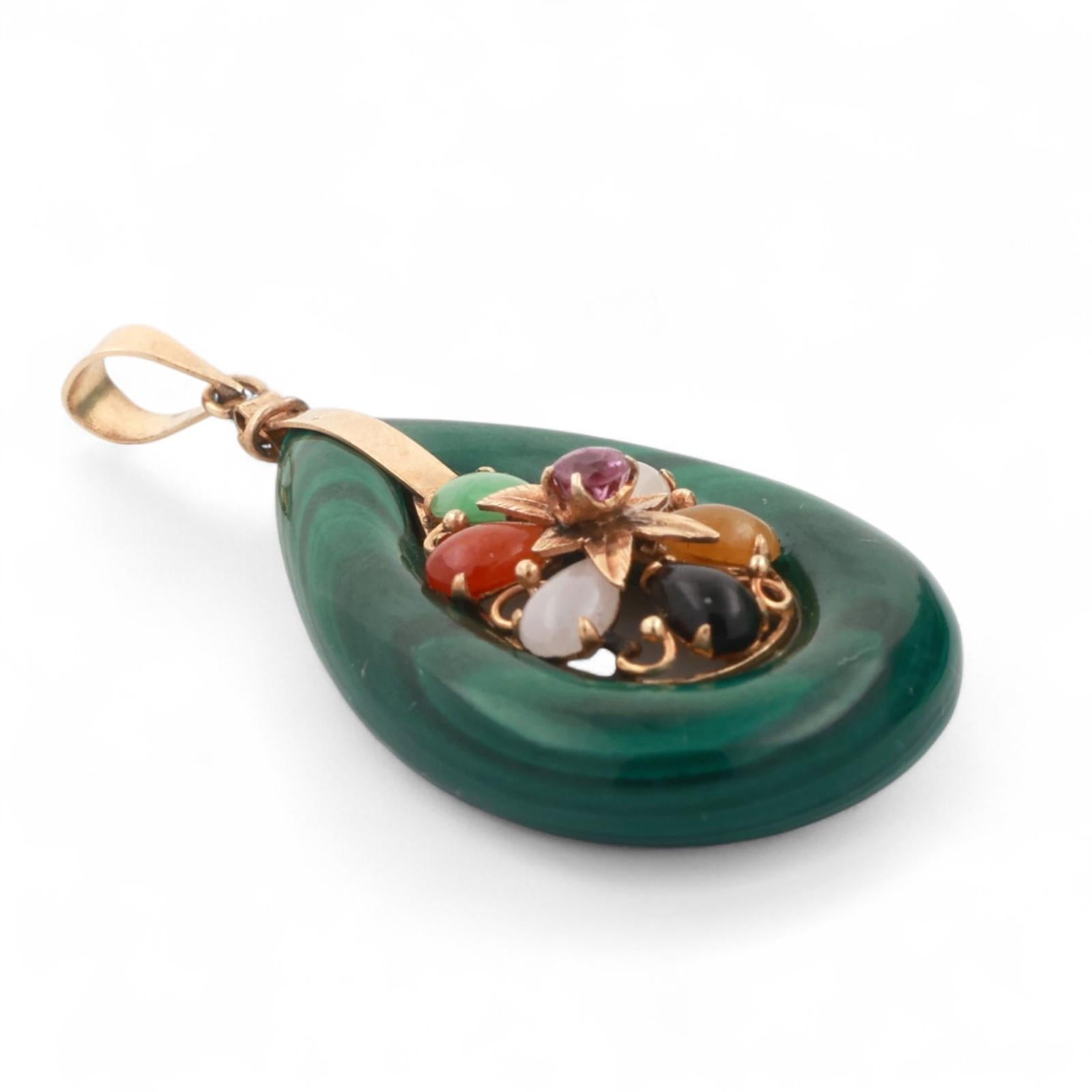 Vintage Malachite Multi-Gemstone Teardrop Pendant 14K Yellow Gold 1.65" Estate