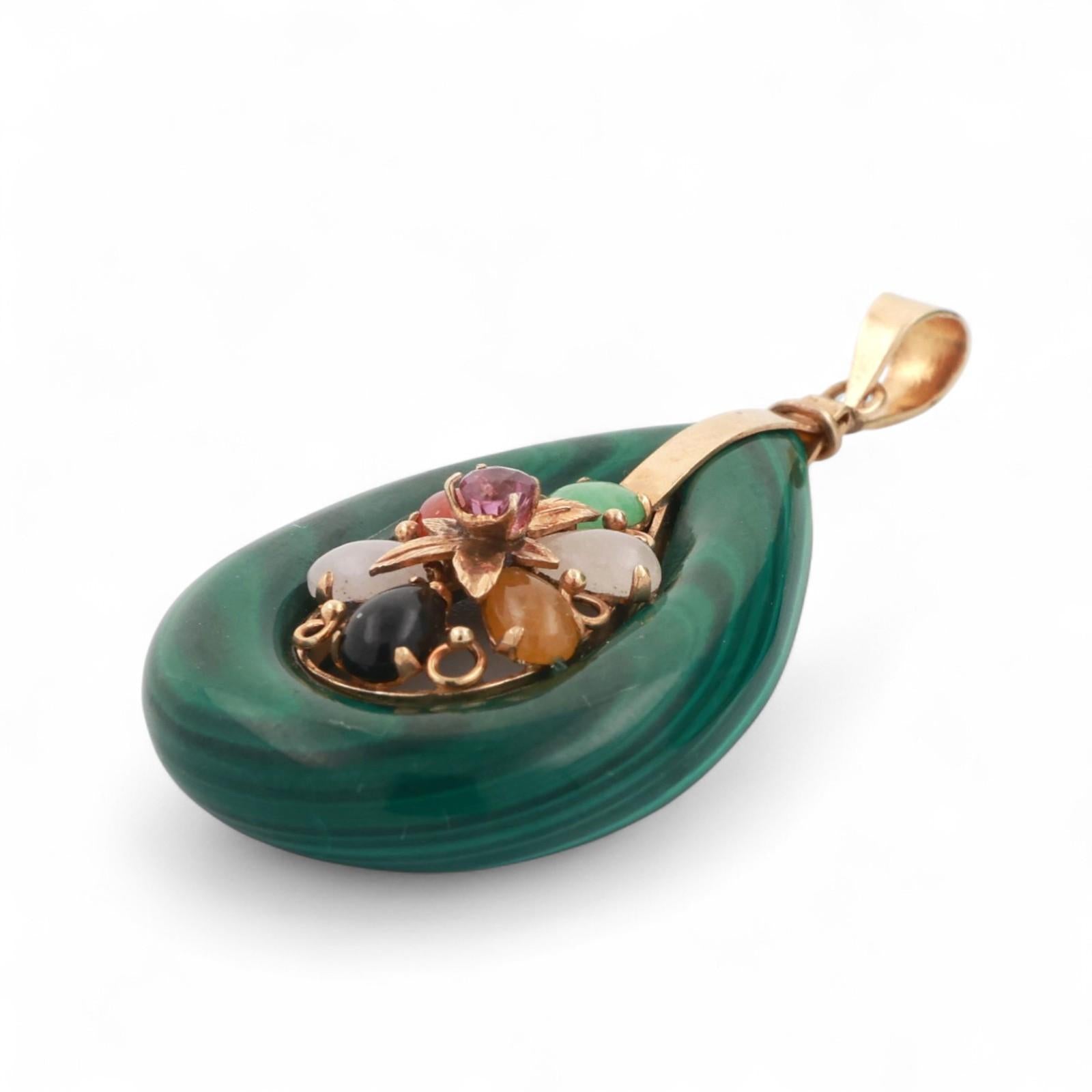 Vintage Malachite Multi-Gemstone Teardrop Pendant 14K Yellow Gold 1.65" Estate