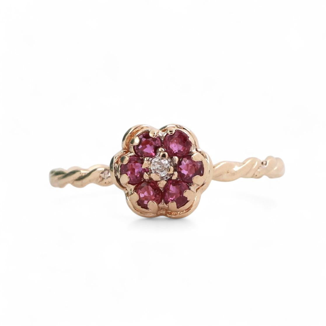 Ruby Diamond Floral Ring Cocktail 14K Yellow Gold 0.26 CTW Size 7 Ladies Girls