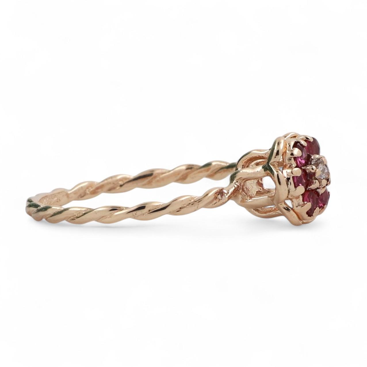 Ruby Diamond Floral Ring Cocktail 14K Yellow Gold 0.26 CTW Size 7 Ladies Girls