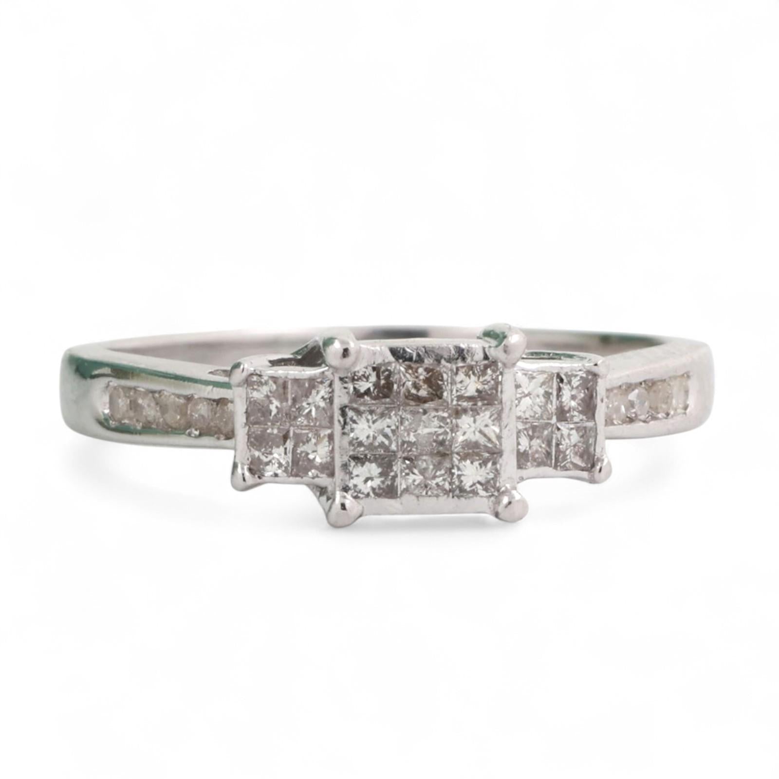 0.60 TW Princess Cluster Diamond Ring 10K White Gold Size 8.5 Ladies Estate