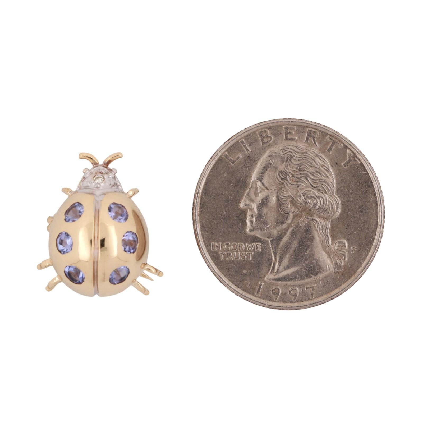 Tanzanite Diamond Ladybug Pendant Brooch Pin 14K Gold 0.74 CTW 0.70" Estate