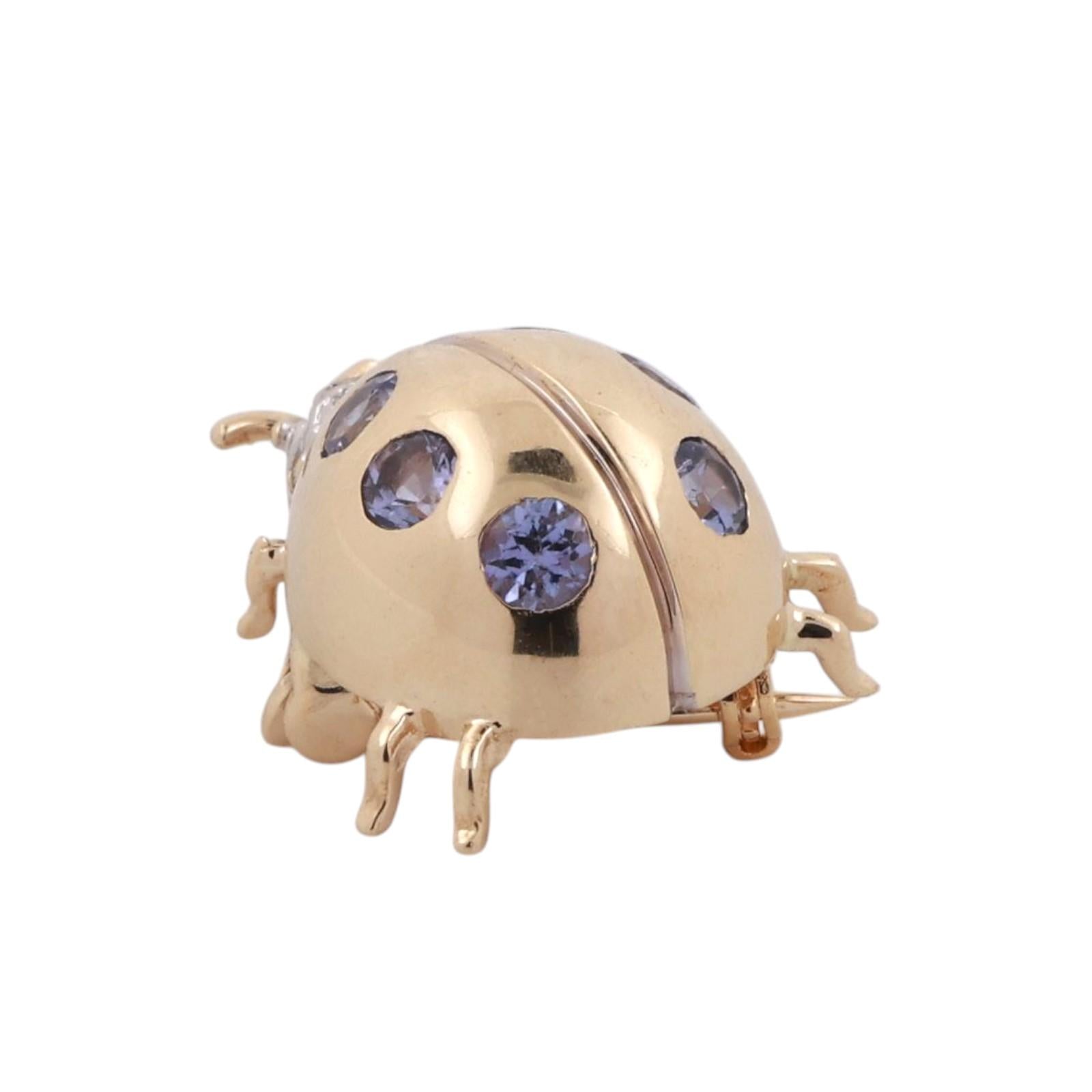 Tanzanite Diamond Ladybug Pendant Brooch Pin 14K Gold 0.74 CTW 0.70" Estate
