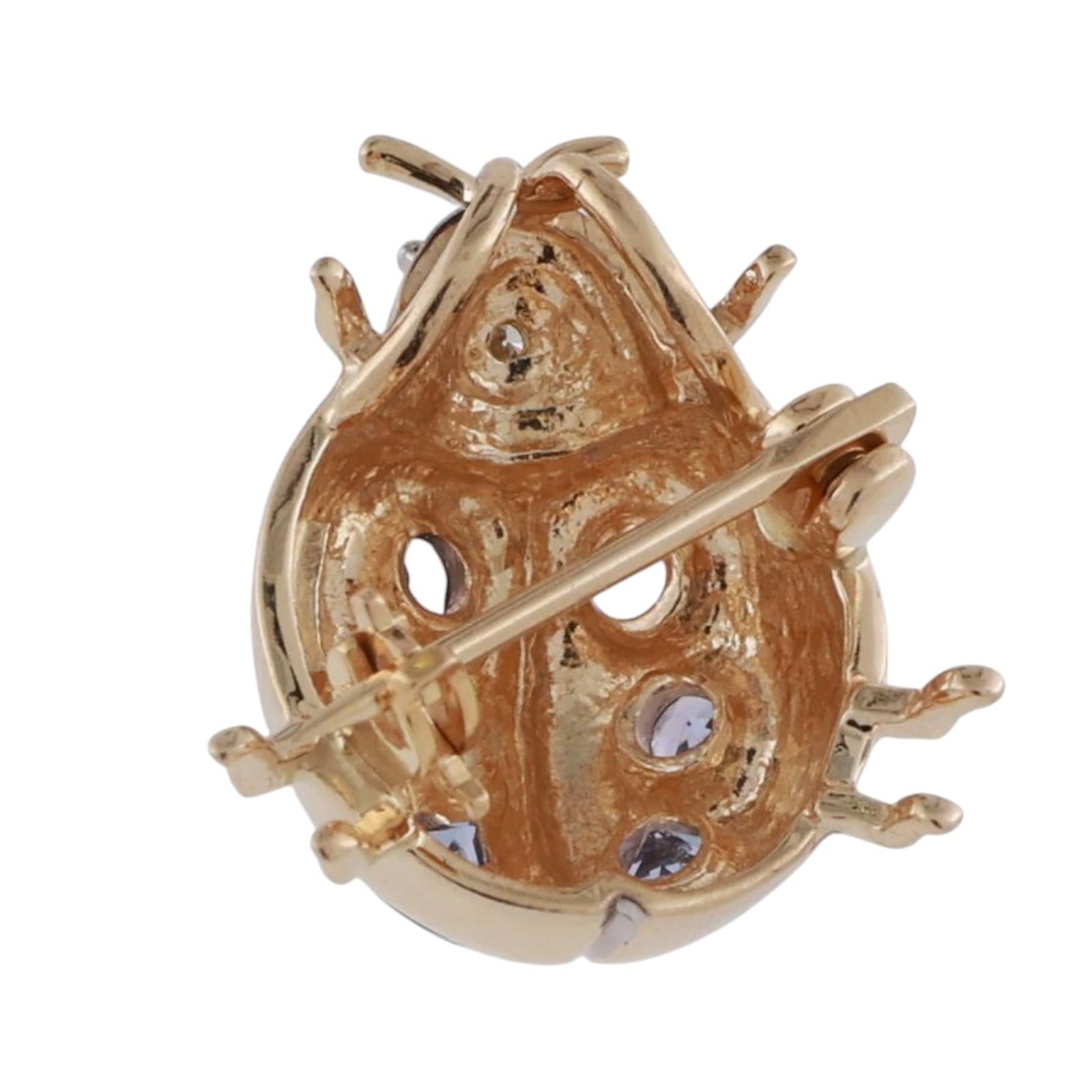 Tanzanite Diamond Ladybug Pendant Brooch Pin 14K Gold 0.74 CTW 0.70" Estate