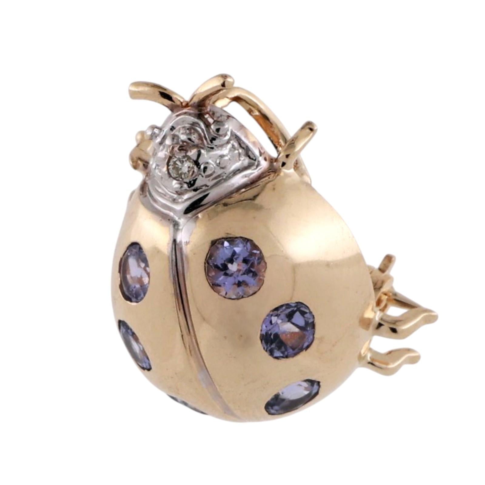 Tanzanite Diamond Ladybug Pendant Brooch Pin 14K Gold 0.74 CTW 0.70" Estate