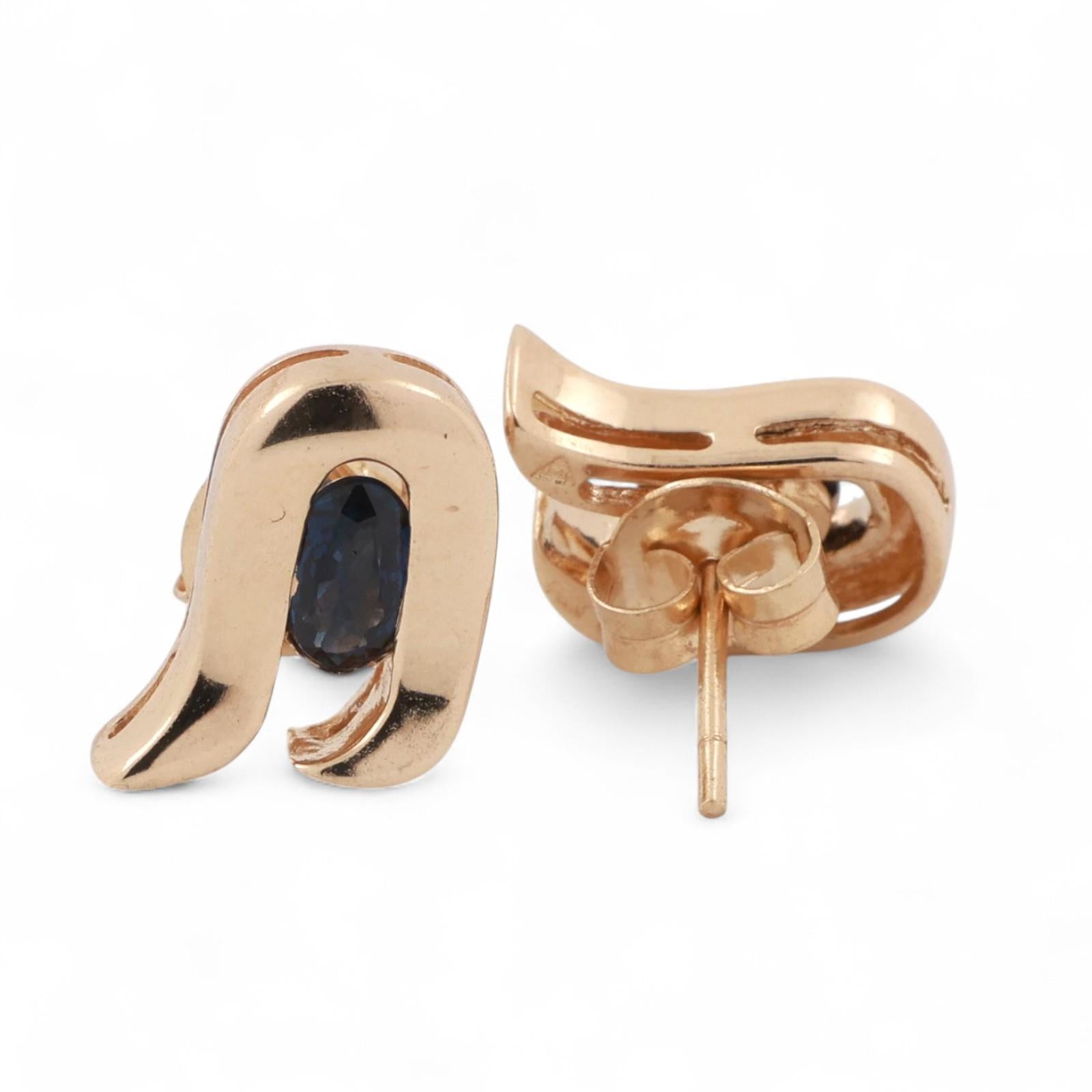 Oval Sapphire U Shape Stud Earrings 14K Yellow Gold 0.50 CTW 0.23" Ladies Estate