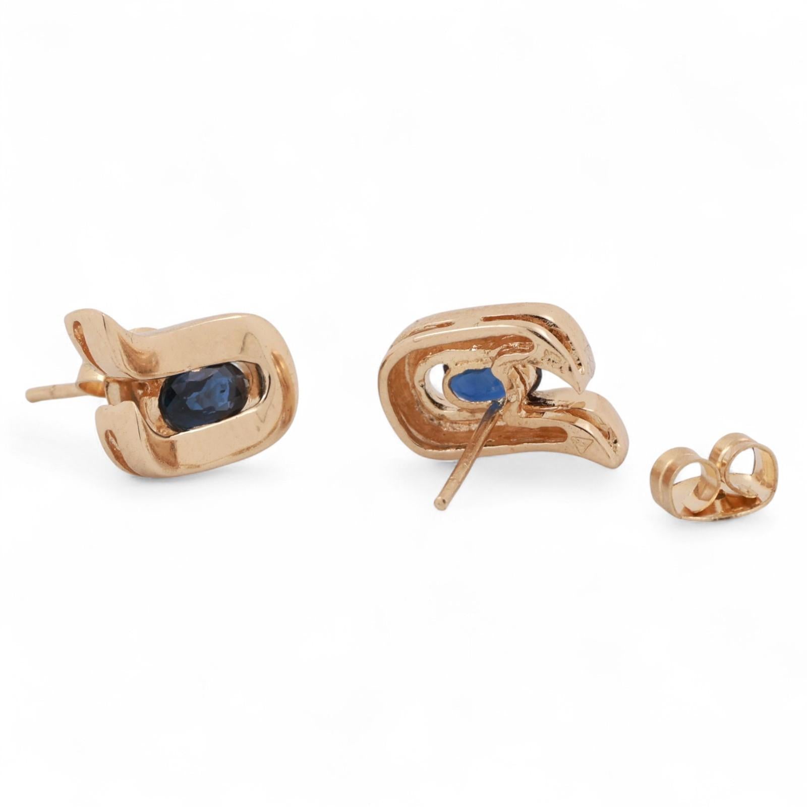 Oval Sapphire U Shape Stud Earrings 14K Yellow Gold 0.50 CTW 0.23" Ladies Estate