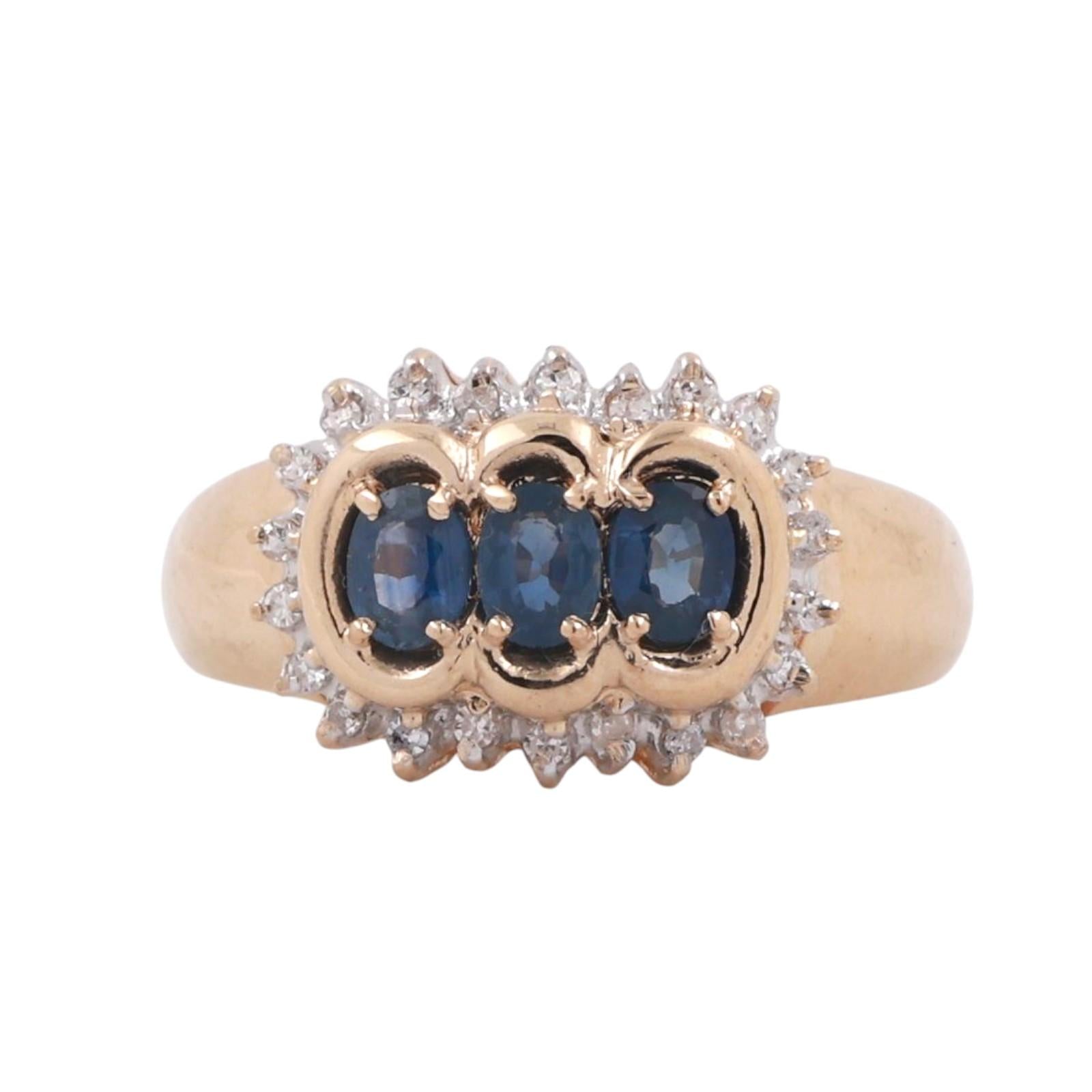 3-Stone Sapphire Diamond Halo Band Ring 14K Yellow Gold 0.85 CTW Size 7.25