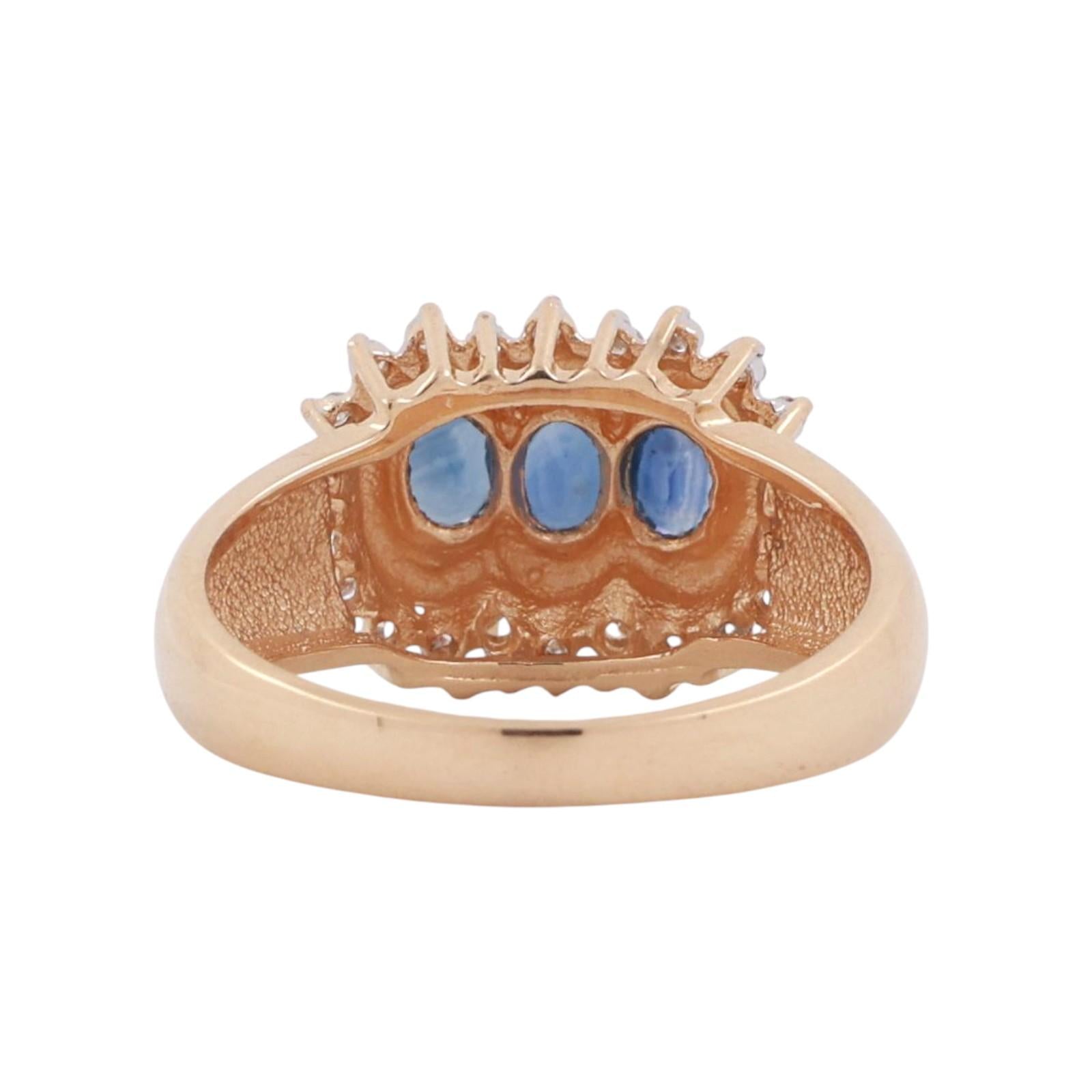 3-Stone Sapphire Diamond Halo Band Ring 14K Yellow Gold 0.85 CTW Size 7.25