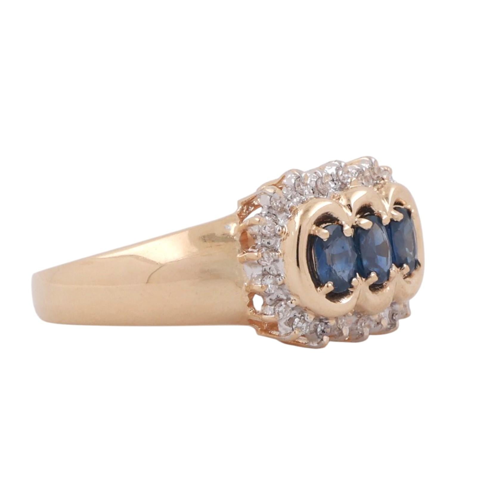 3-Stone Sapphire Diamond Halo Band Ring 14K Yellow Gold 0.85 CTW Size 7.25