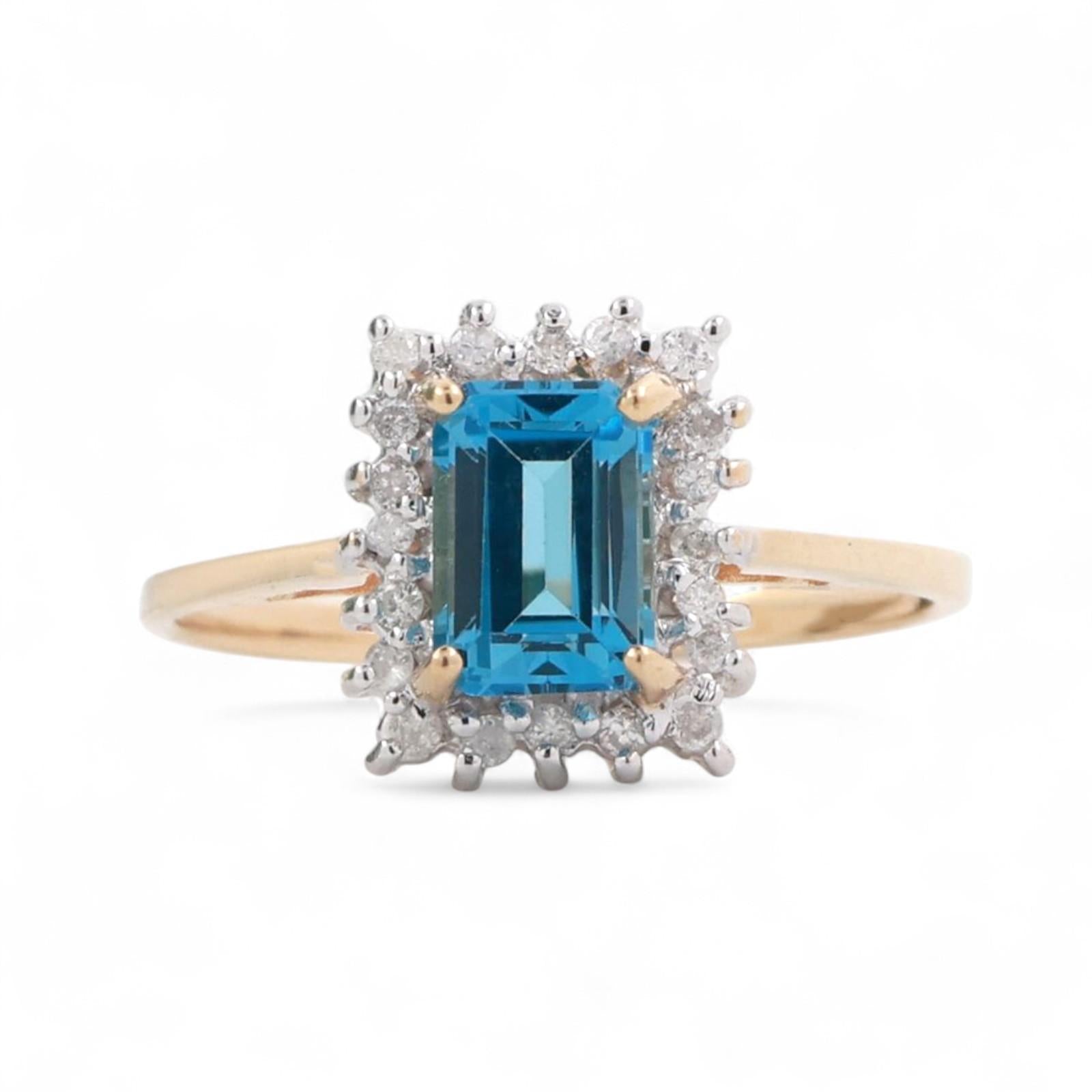 Blue Topaz Halo Diamond Ring 14K Gold 1.45 CTW Size 6.75 Ladies Estate