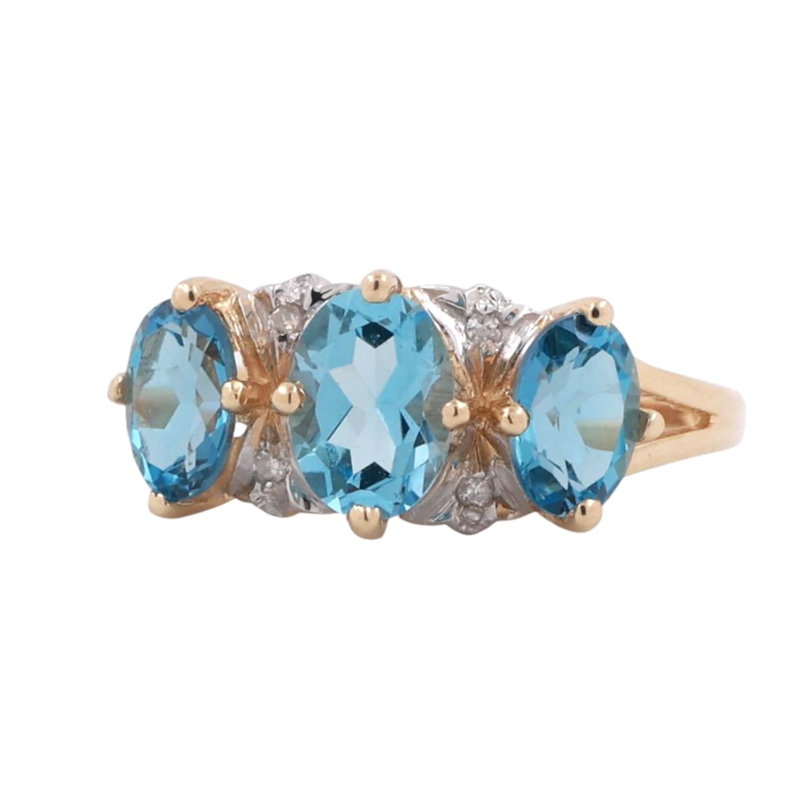 3-Stone Blue Topaz Diamond Accent Ring 14K Gold 2.16 CTW Size 6.5 Ladies Estate
