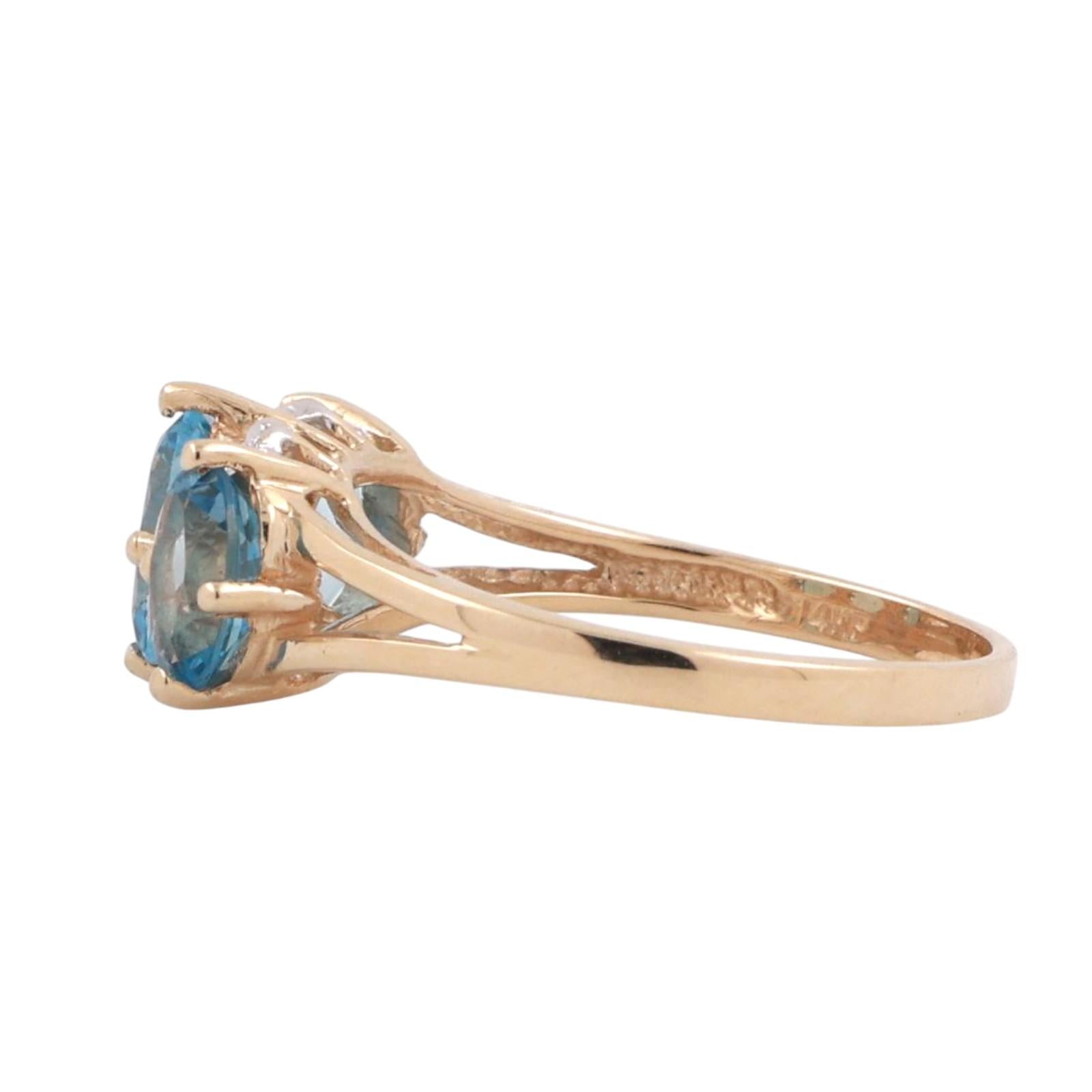 3-Stone Blue Topaz Diamond Accent Ring 14K Gold 2.16 CTW Size 6.5 Ladies Estate