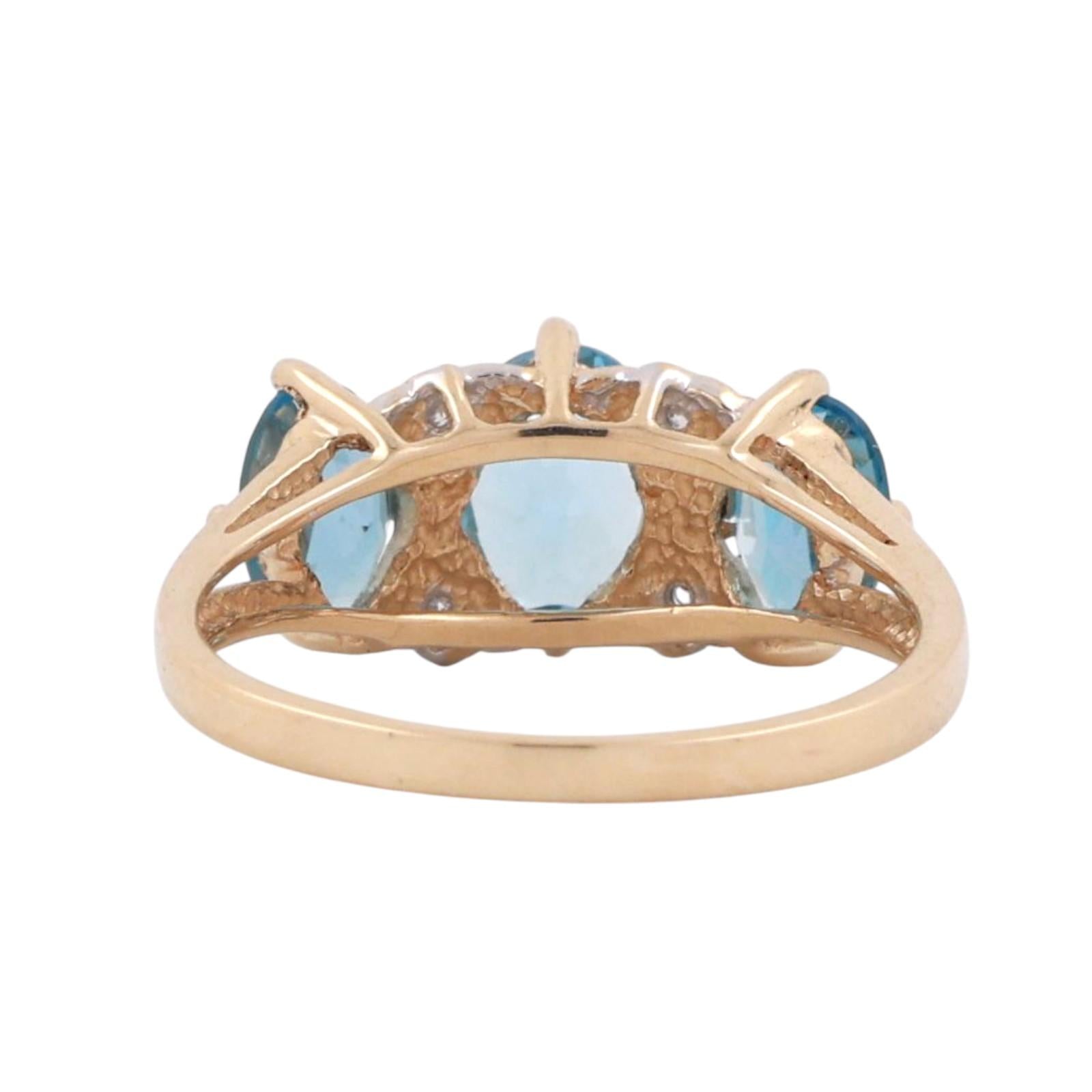 3-Stone Blue Topaz Diamond Accent Ring 14K Gold 2.16 CTW Size 6.5 Ladies Estate