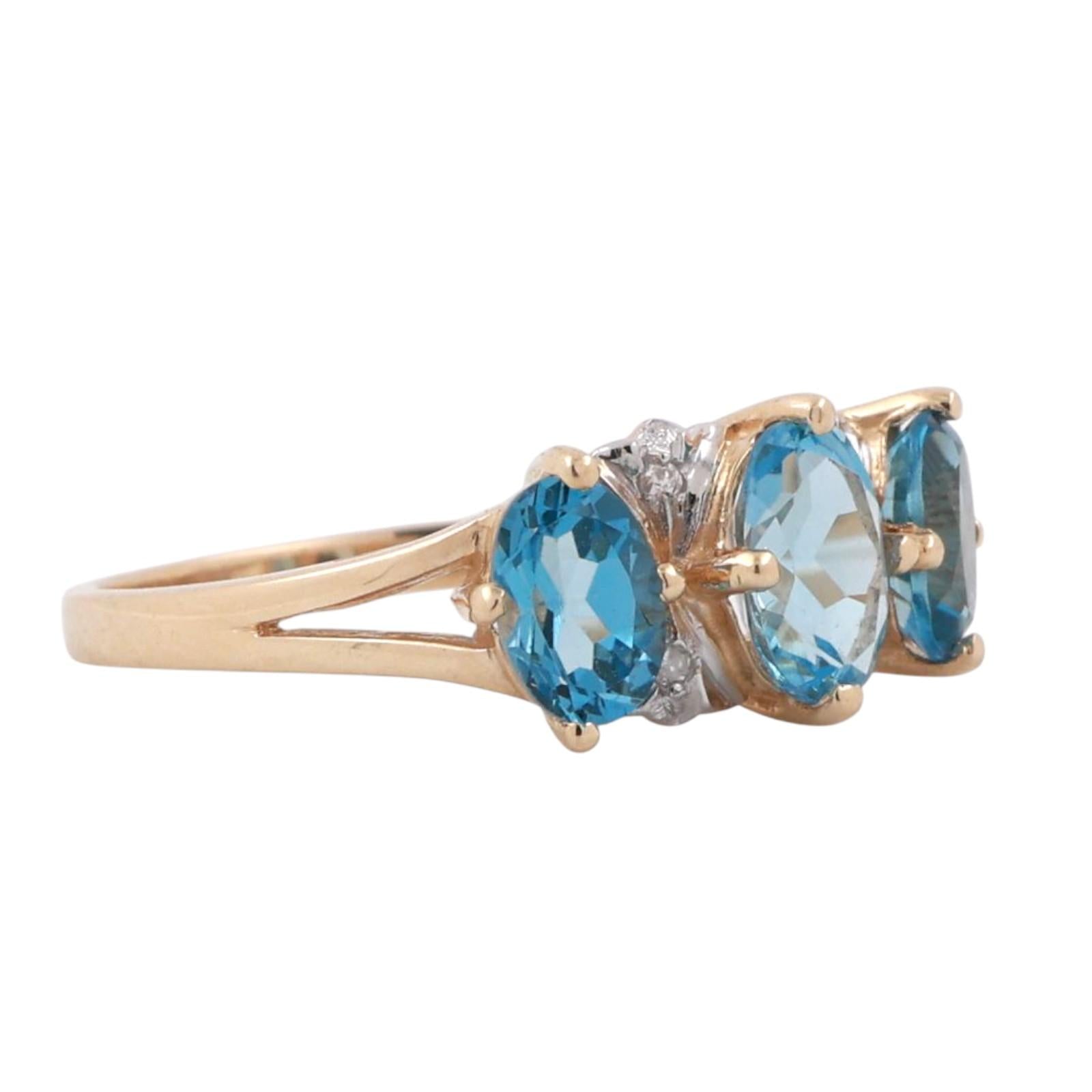 3-Stone Blue Topaz Diamond Accent Ring 14K Gold 2.16 CTW Size 6.5 Ladies Estate