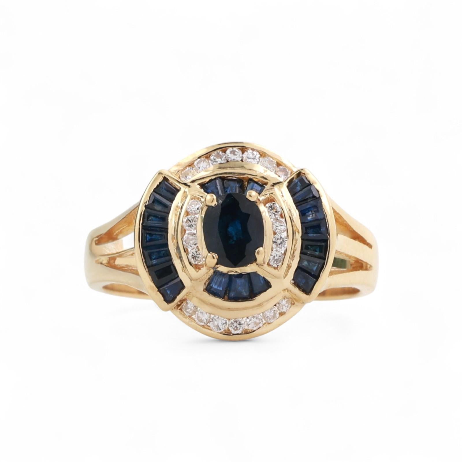 Sapphire Diamond Cocktail Ring 18K Yellow Gold 1.18 CTW Size 7.5 Ladies Estate
