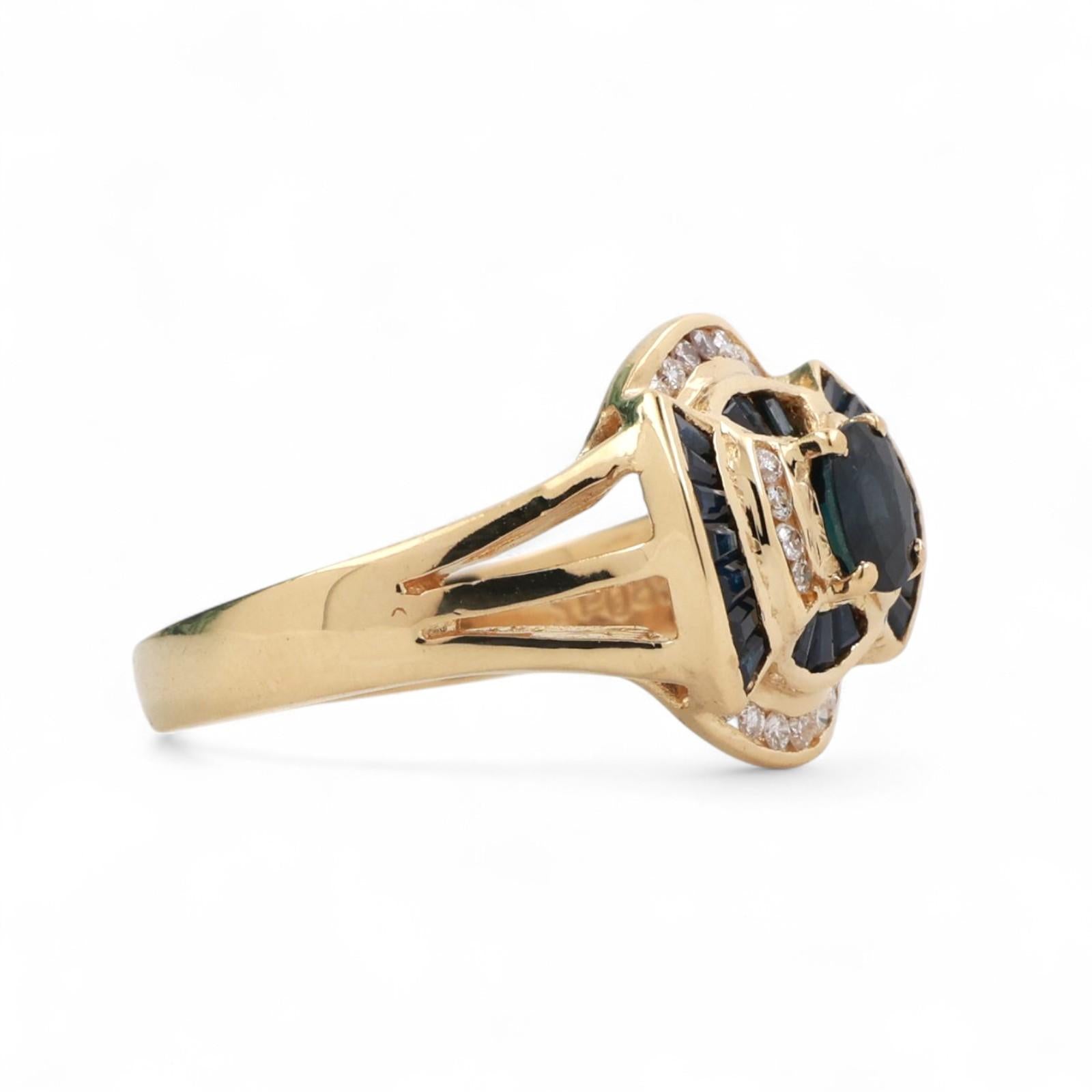 Sapphire Diamond Cocktail Ring 18K Yellow Gold 1.18 CTW Size 7.5 Ladies Estate