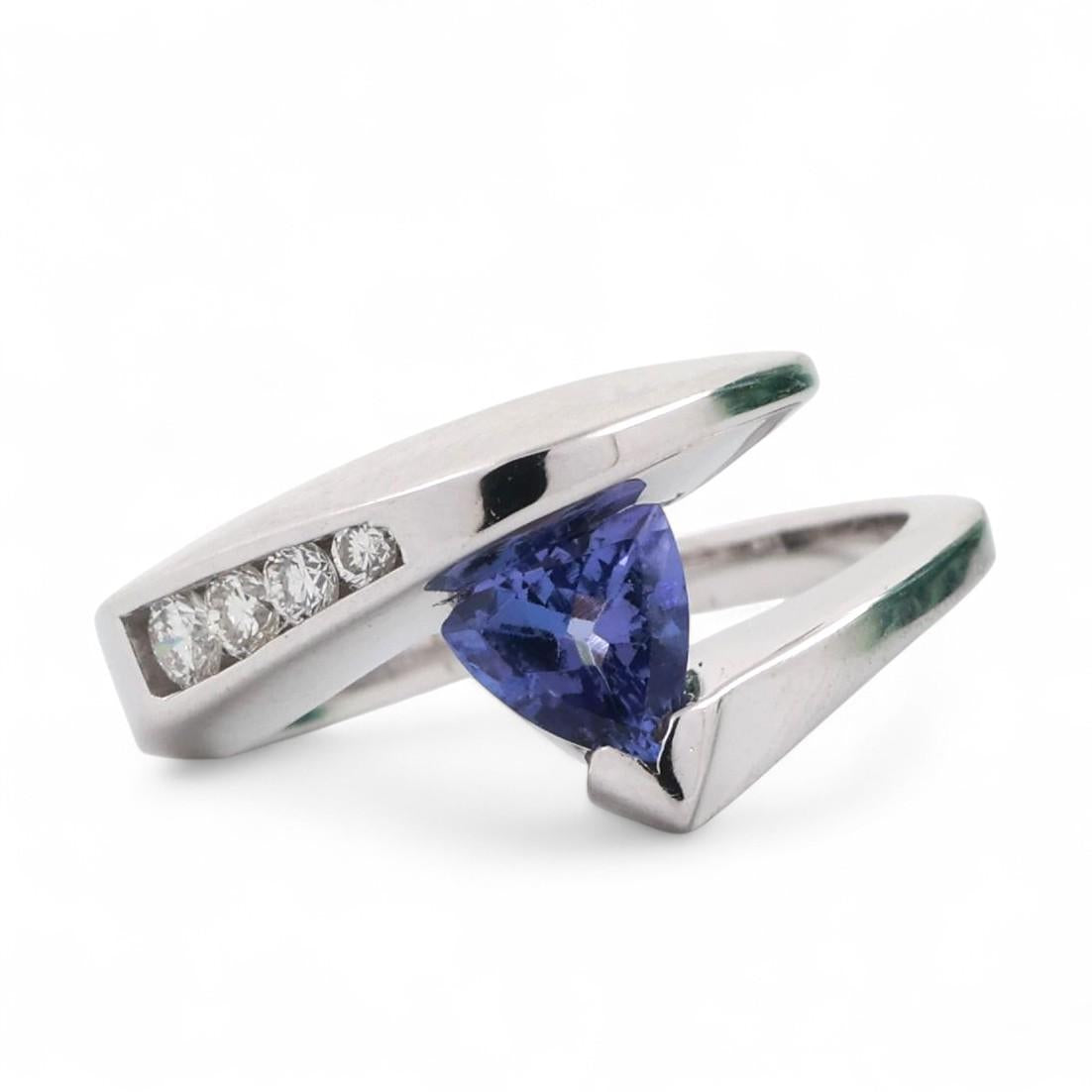 Trillion Cut Tanzanite Diamond Bypass Ring 14K White Gold 0.90 CTW Size 6.5