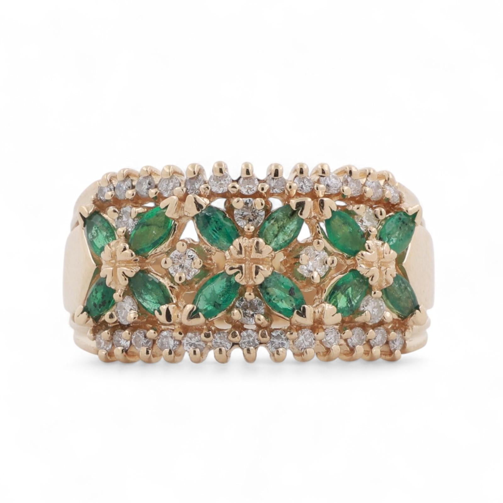EFFY Emerald Diamond Floral Wide Band Ring 14K Yellow Gold 0.86 CTW Size 9.25