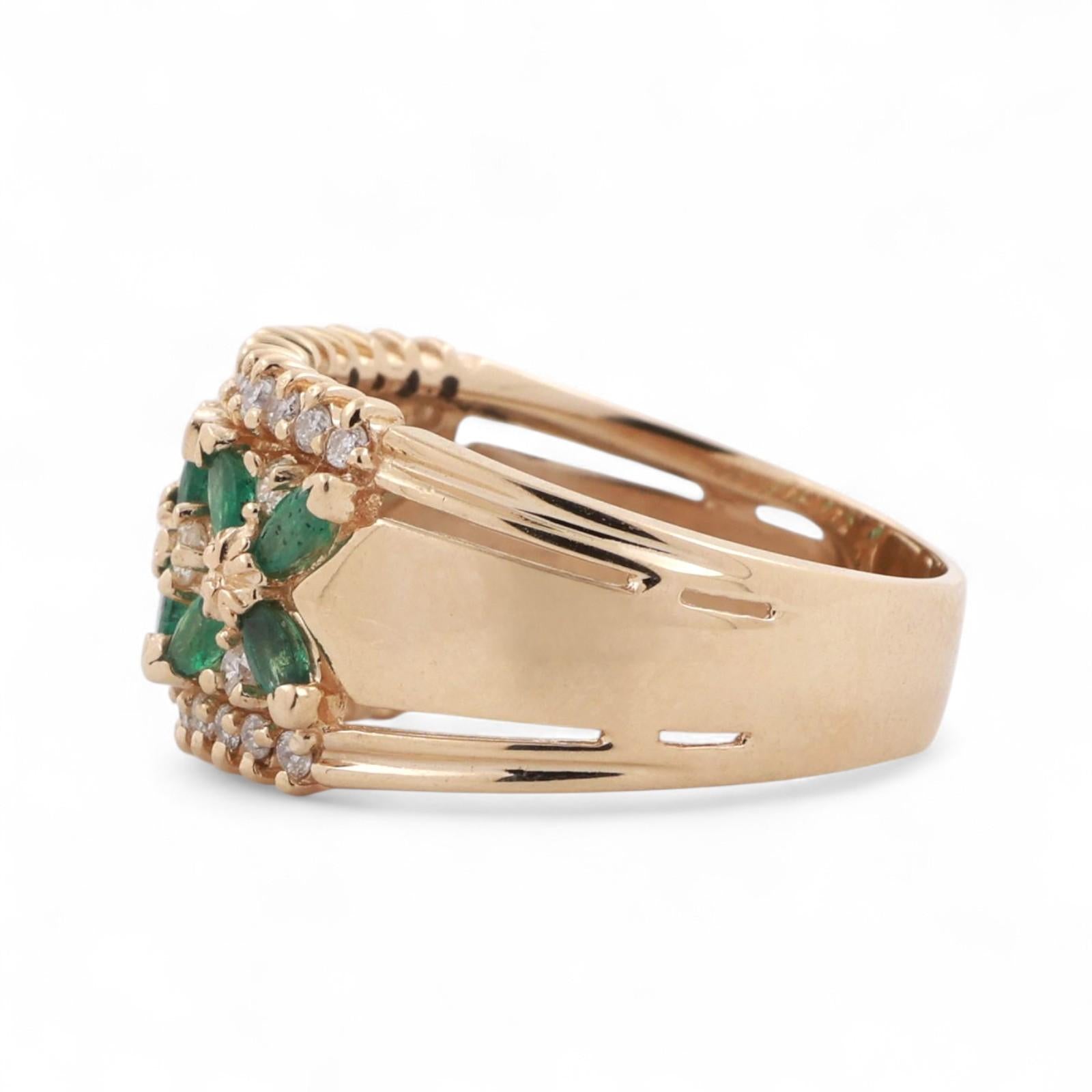 EFFY Emerald Diamond Floral Wide Band Ring 14K Yellow Gold 0.86 CTW Size 9.25