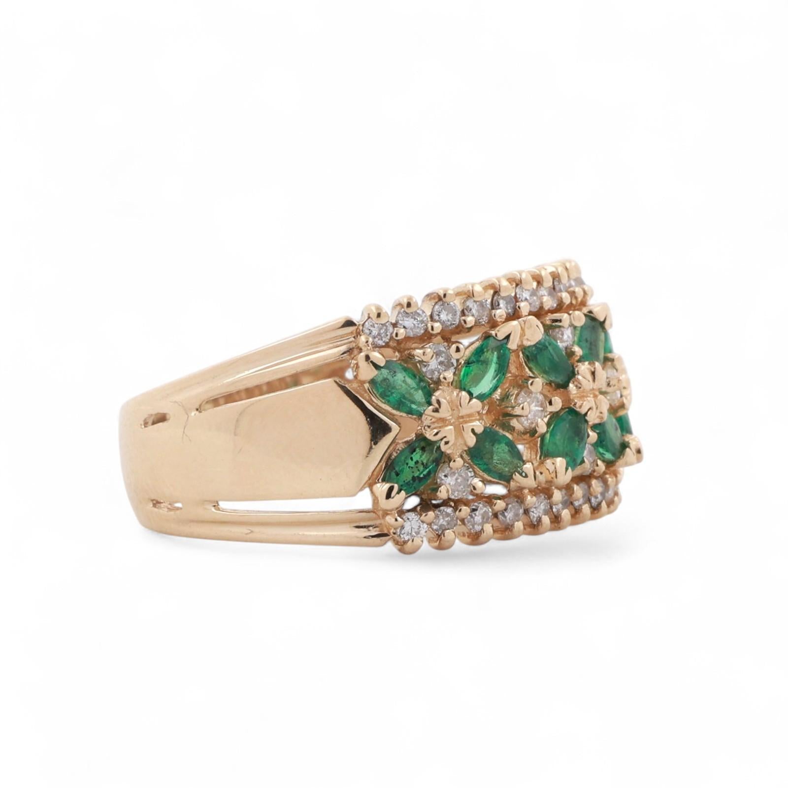 EFFY Emerald Diamond Floral Wide Band Ring 14K Yellow Gold 0.86 CTW Size 9.25