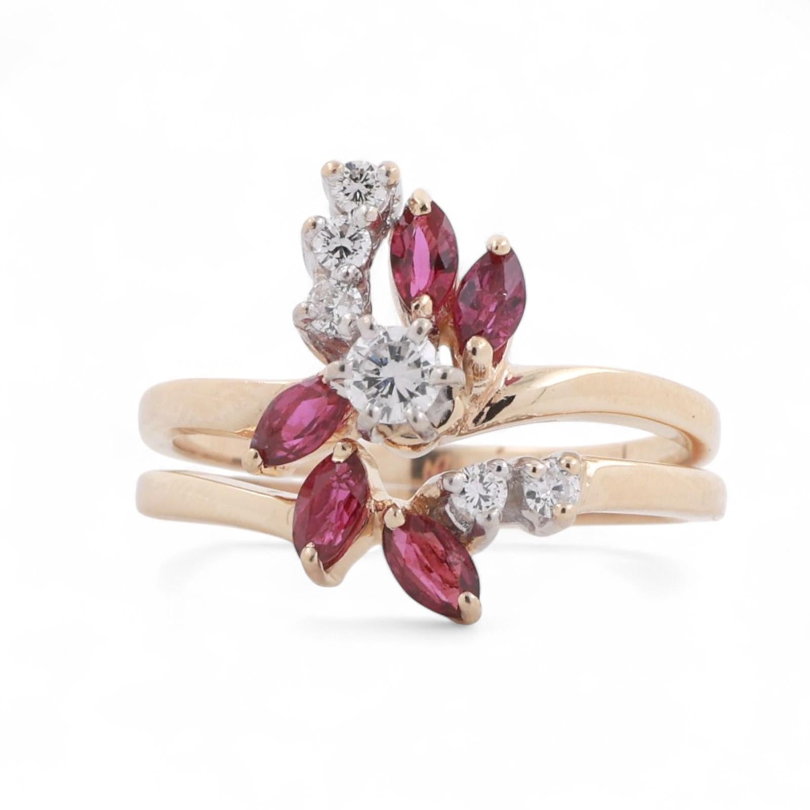 Ruby Diamond Floral Cocktail Ring 14K Gold 0.80 CTW Size 8.25 Ladies