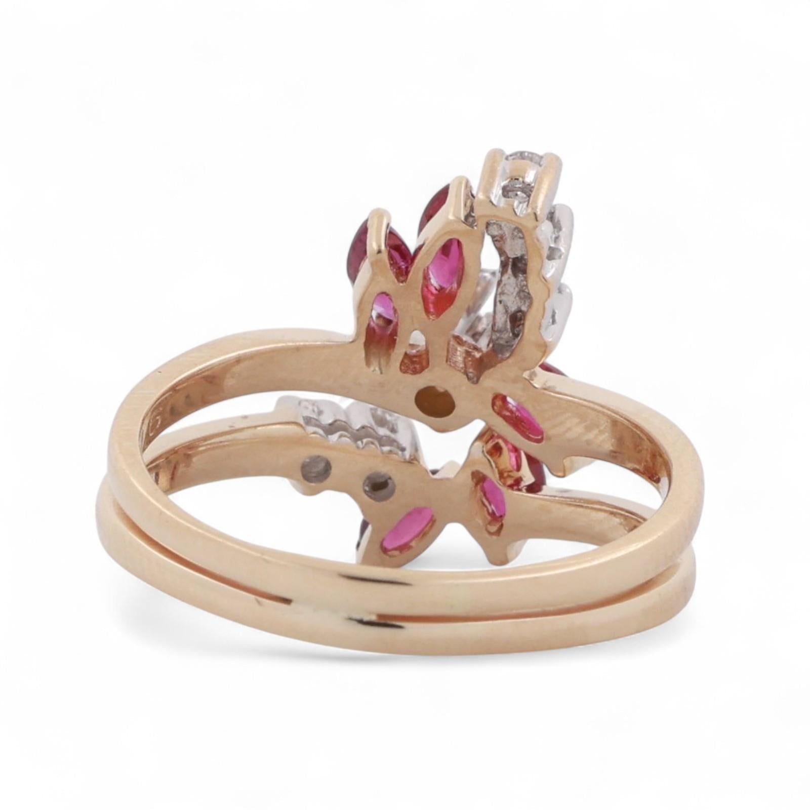 Ruby Diamond Floral Cocktail Ring 14K Gold 0.80 CTW Size 8.25 Ladies
