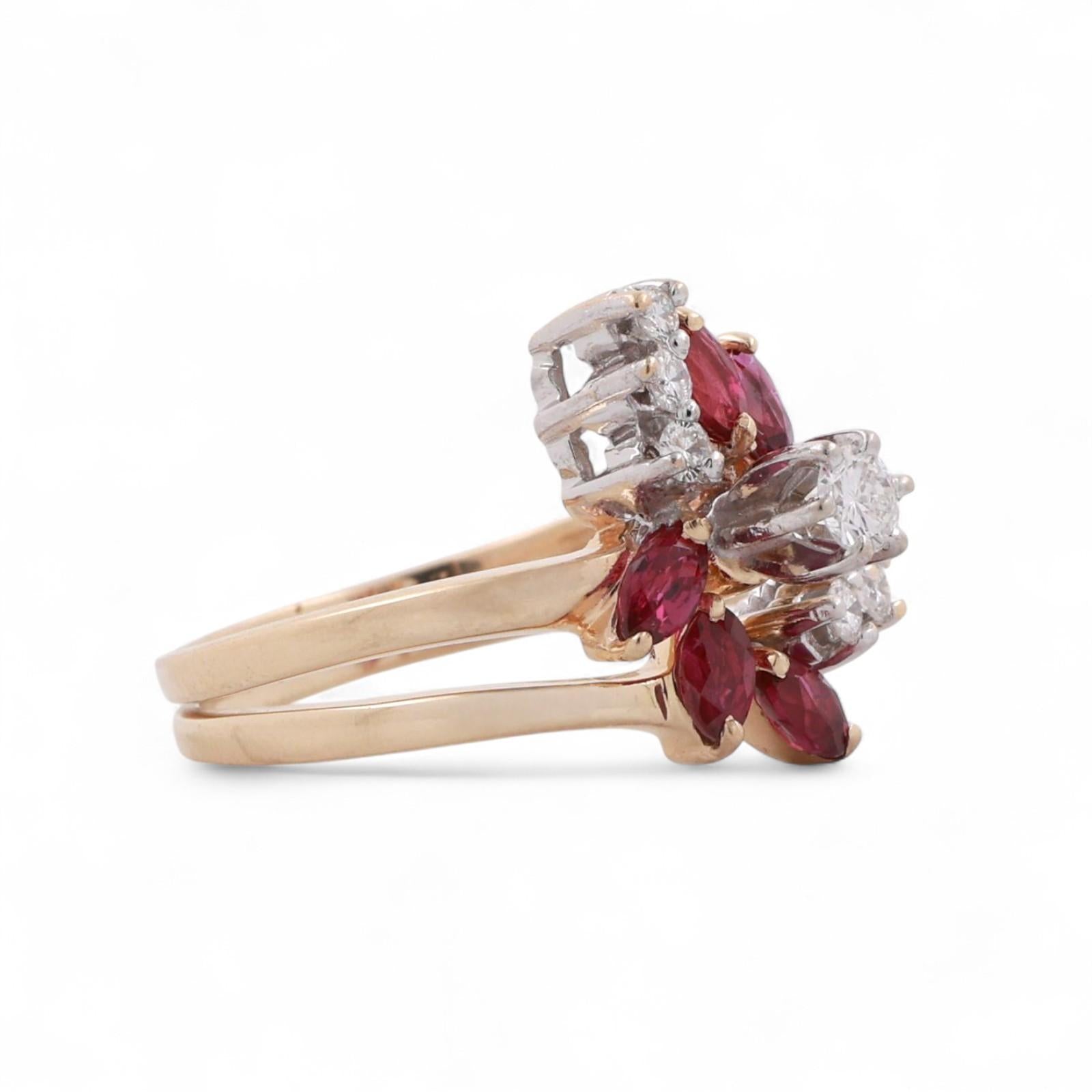 Ruby Diamond Floral Cocktail Ring 14K Gold 0.80 CTW Size 8.25 Ladies