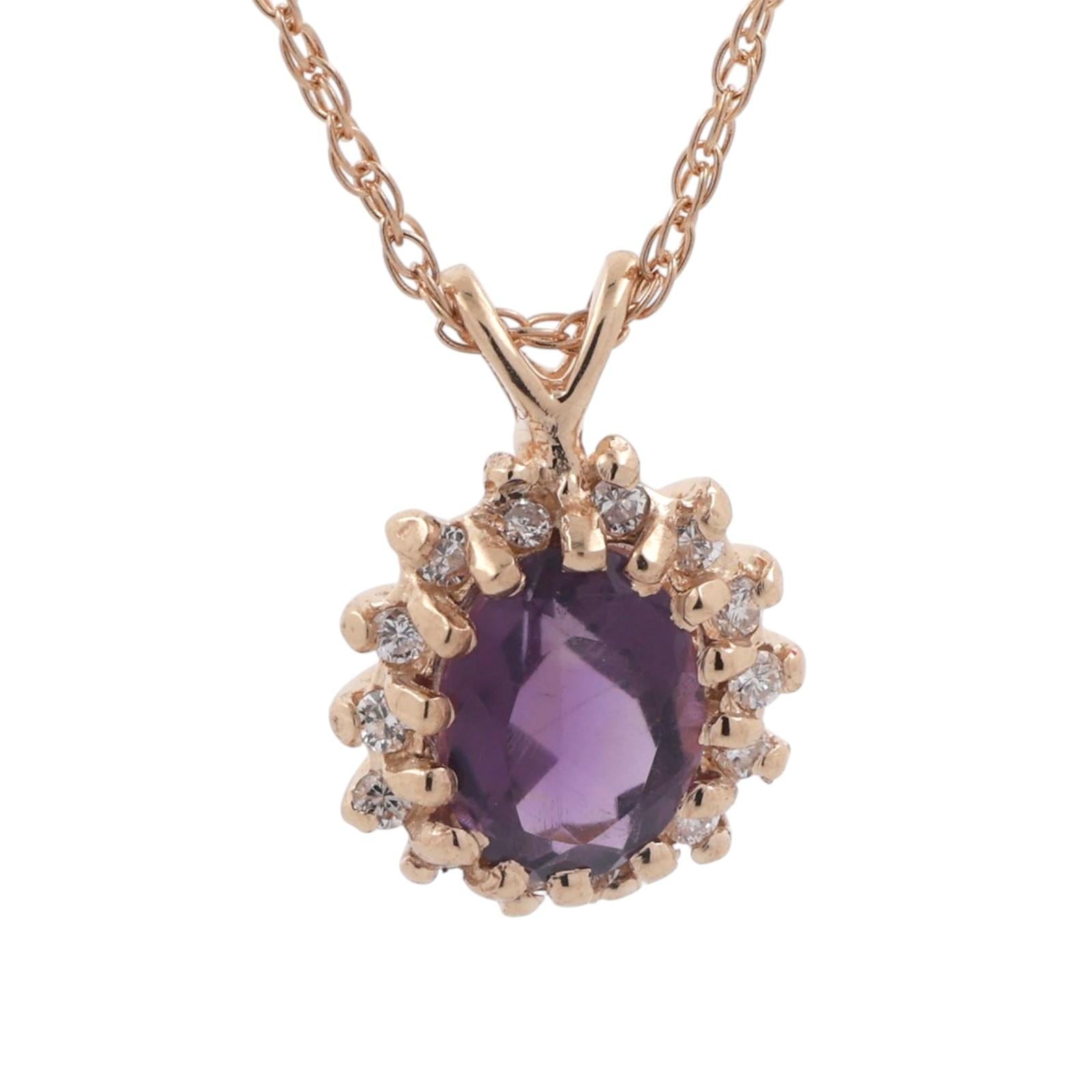 Amethyst Halo Diamond Floral Pendant Chain Necklace 14K Yellow Gold 0.89 CTW 18"