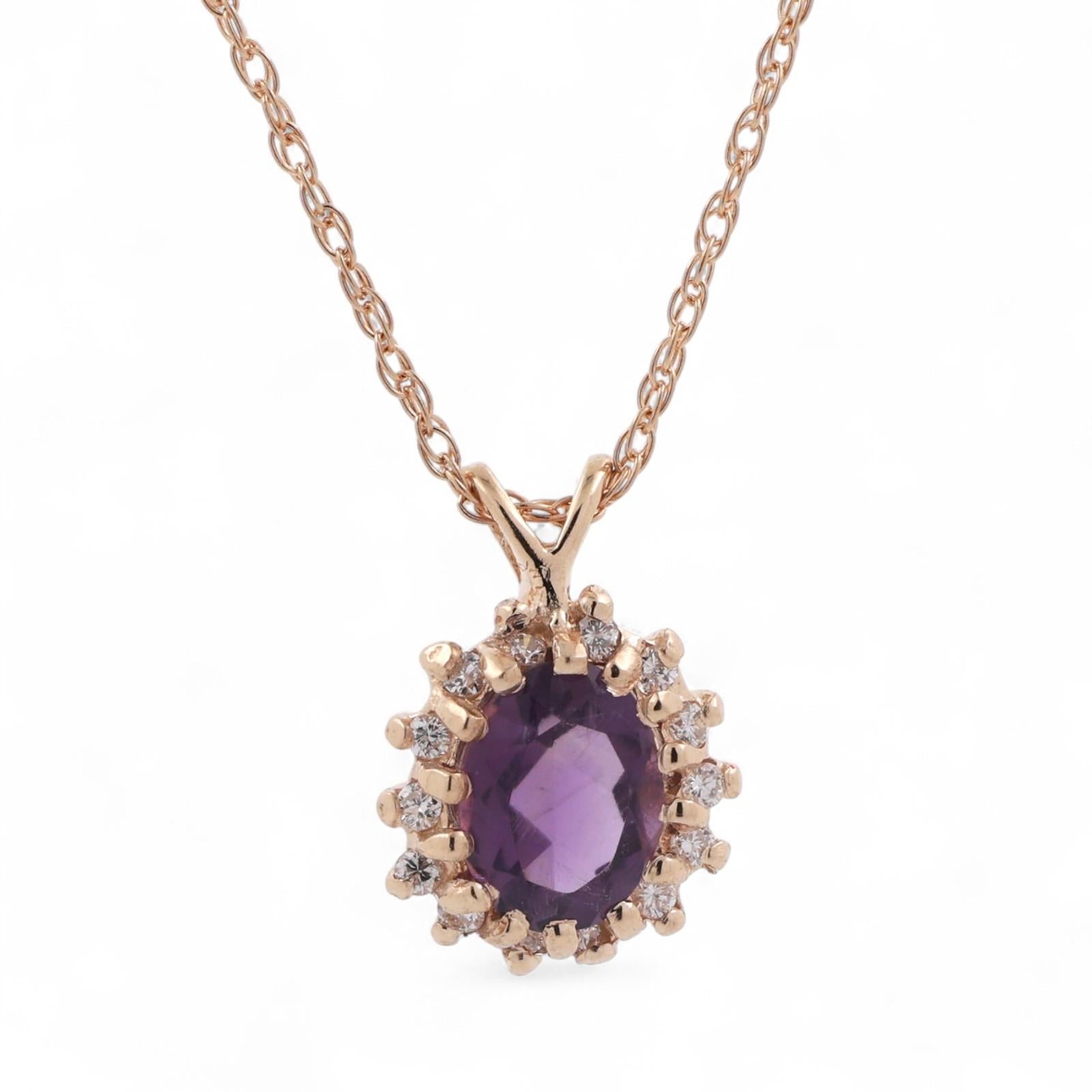 Amethyst Halo Diamond Floral Pendant Chain Necklace 14K Yellow Gold 0.89 CTW 18"