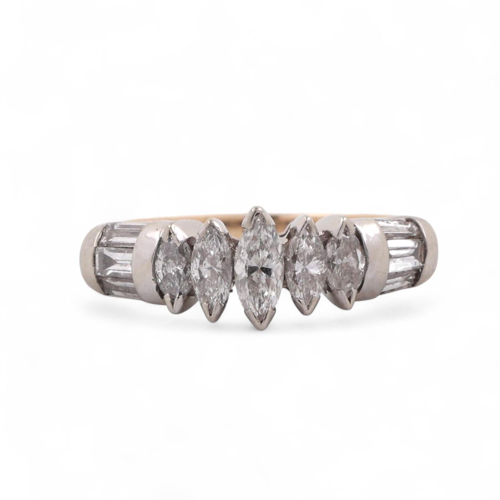 5-Stone Marquise Baguette Cut Accent Diamond Band Ring 14K Gold 0.50 TW Size 6