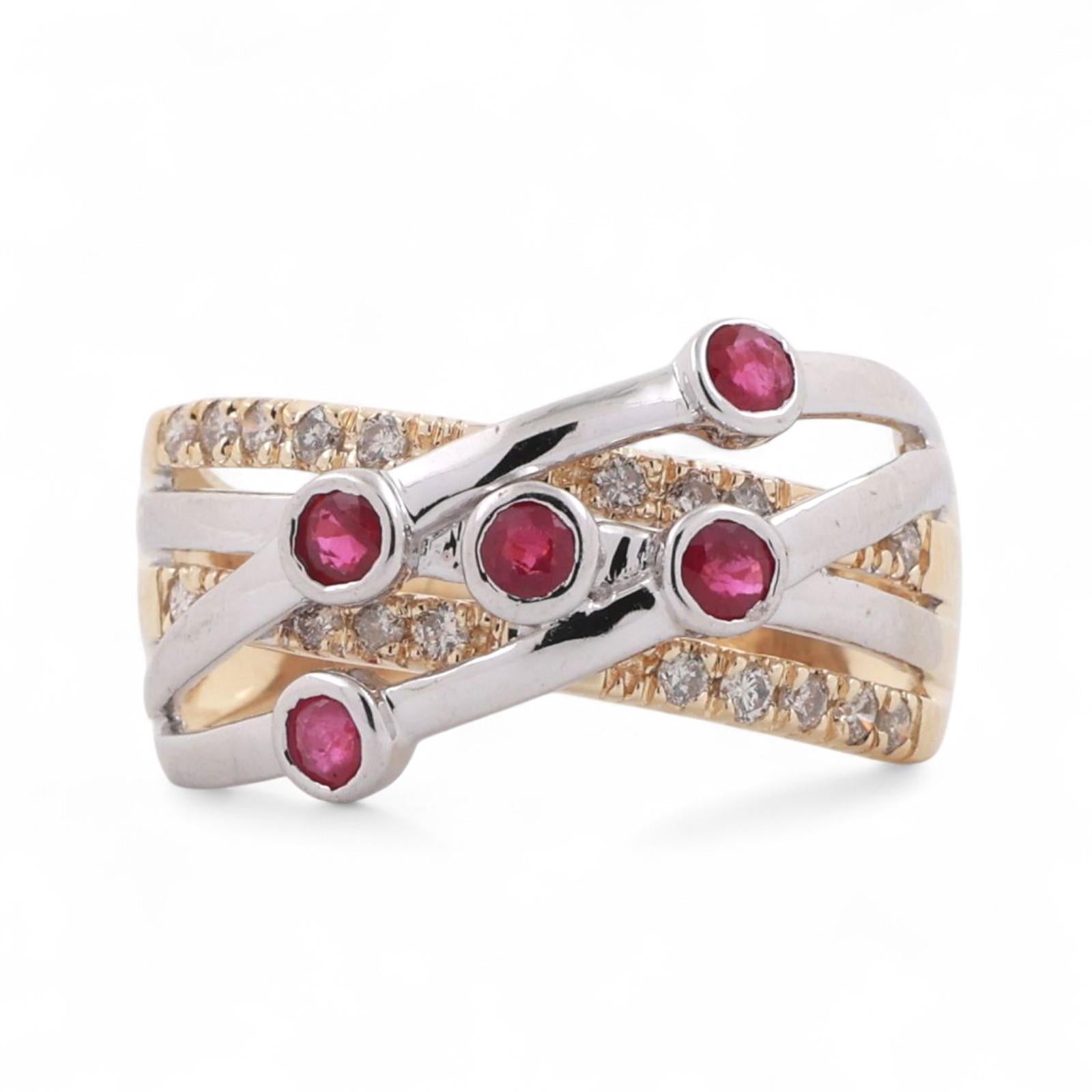 Ruby Diamond Crossover Band Ring 14K Gold 0.65 CTW Size 7.25 Ladies Estate