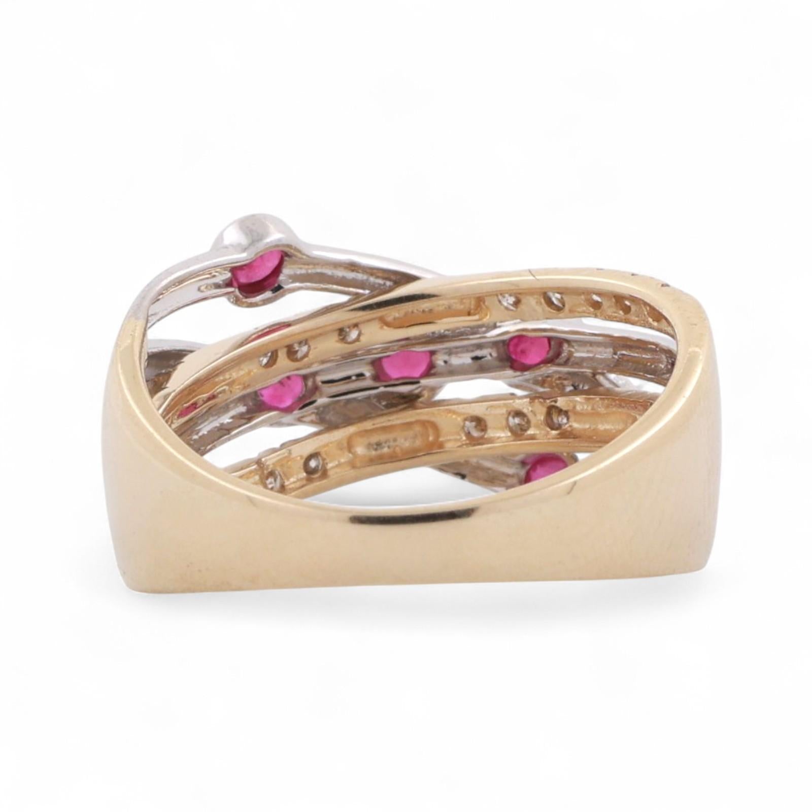 Ruby Diamond Crossover Band Ring 14K Gold 0.65 CTW Size 7.25 Ladies Estate