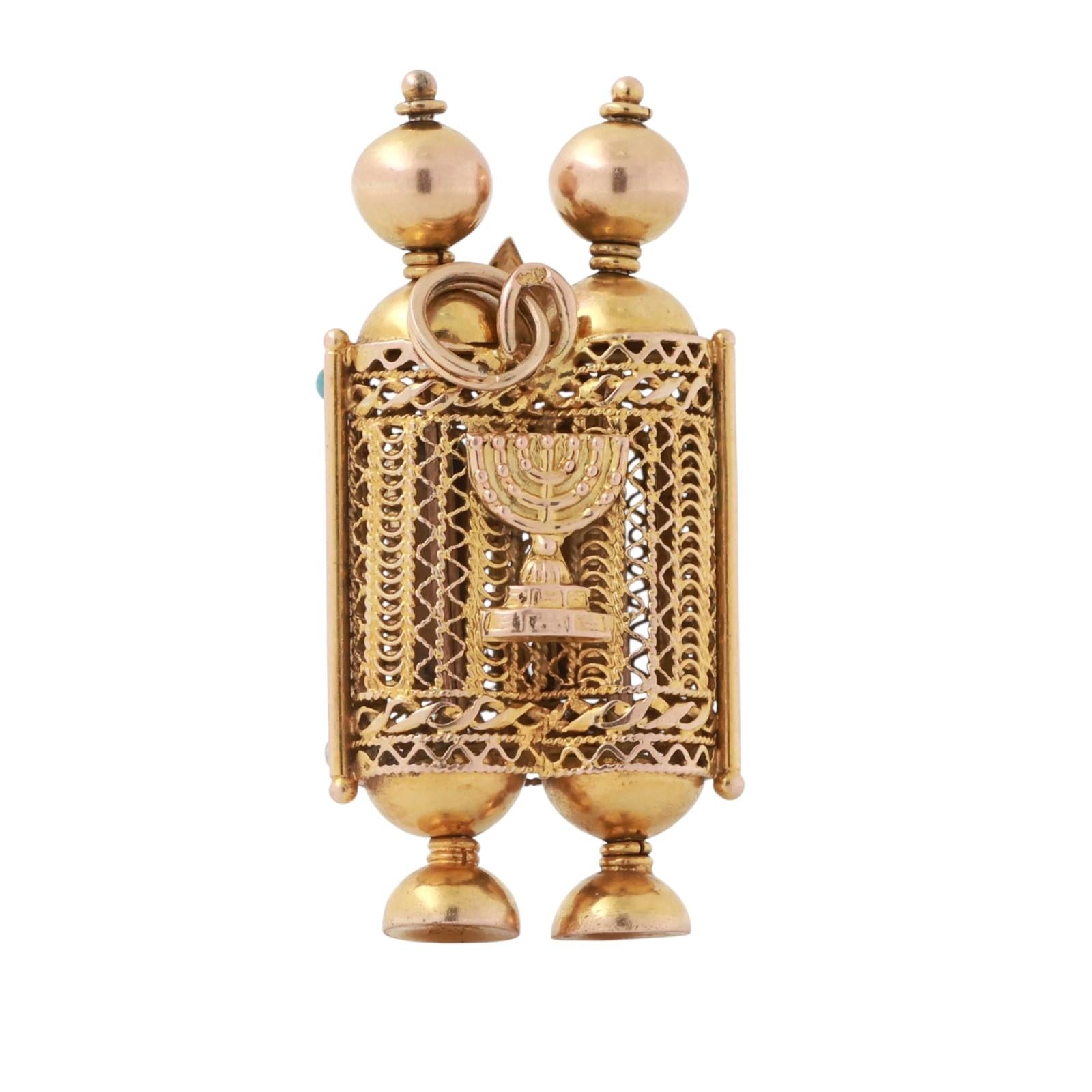 Torah Scroll Cover Charm Pendant 14K Filigree Gold Pearl Turquoise Gems 1.50"