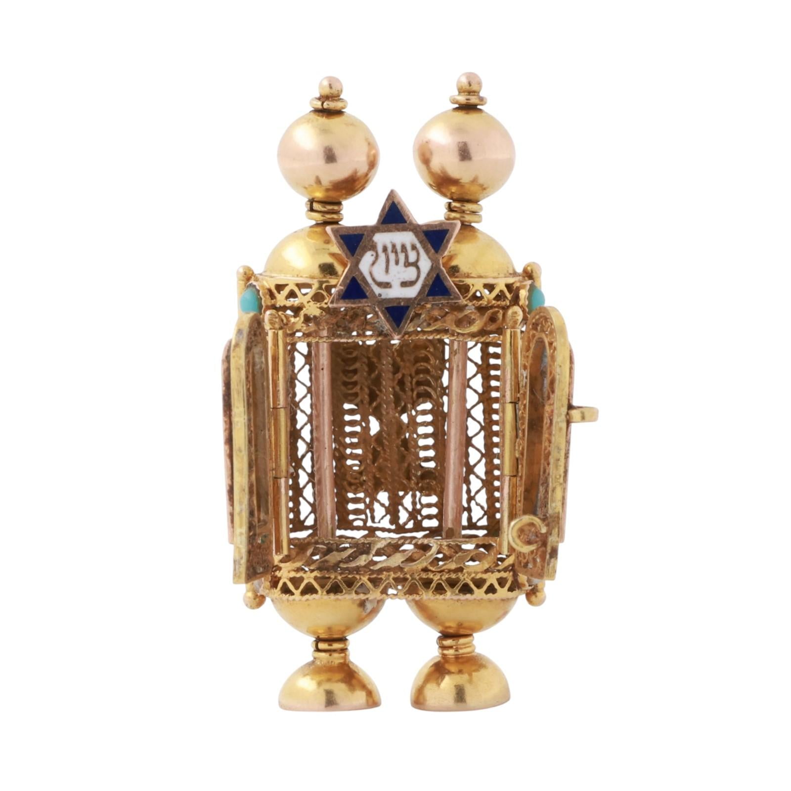 Torah Scroll Cover Charm Pendant 14K Filigree Gold Pearl Turquoise Gems 1.50"