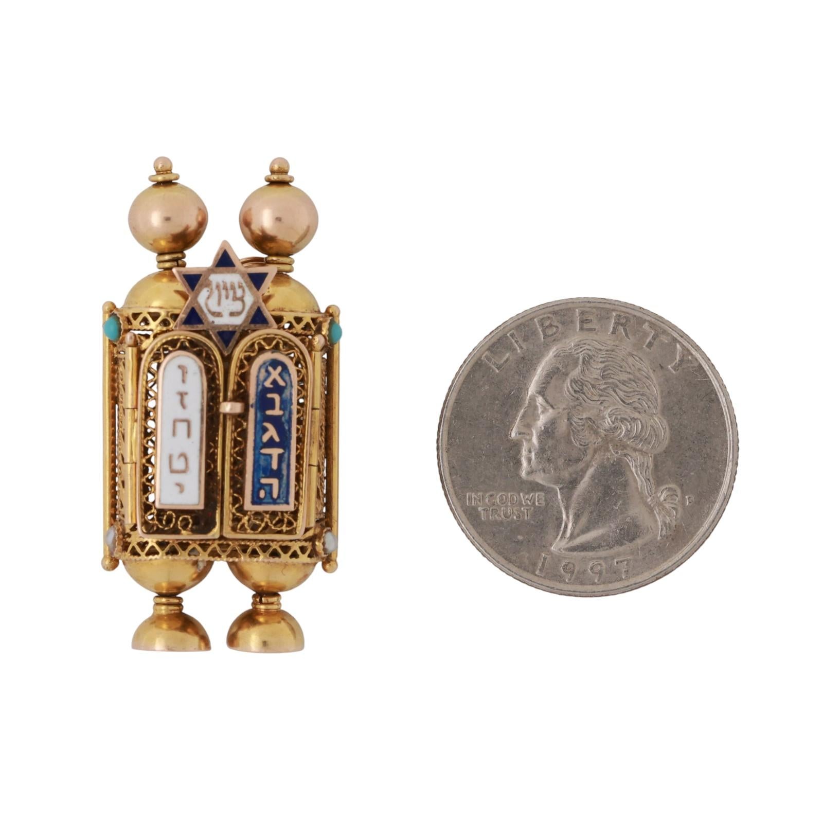 Torah Scroll Cover Charm Pendant 14K Filigree Gold Pearl Turquoise Gems 1.50"