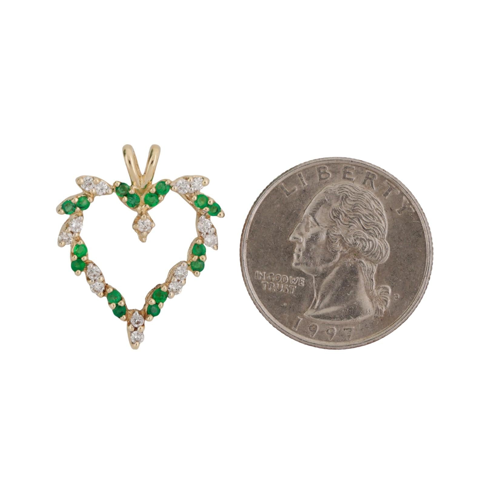 Emerald Diamond Open Heart Pendant 14K Yellow Gold 0.65 CTW 0.98" Ladies Estate