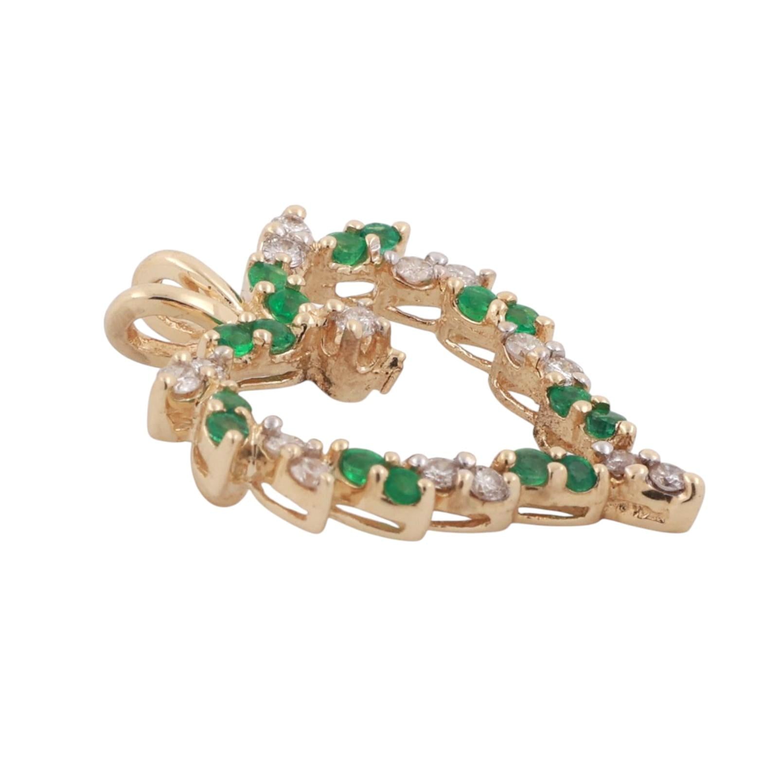 Emerald Diamond Open Heart Pendant 14K Yellow Gold 0.65 CTW 0.98" Ladies Estate