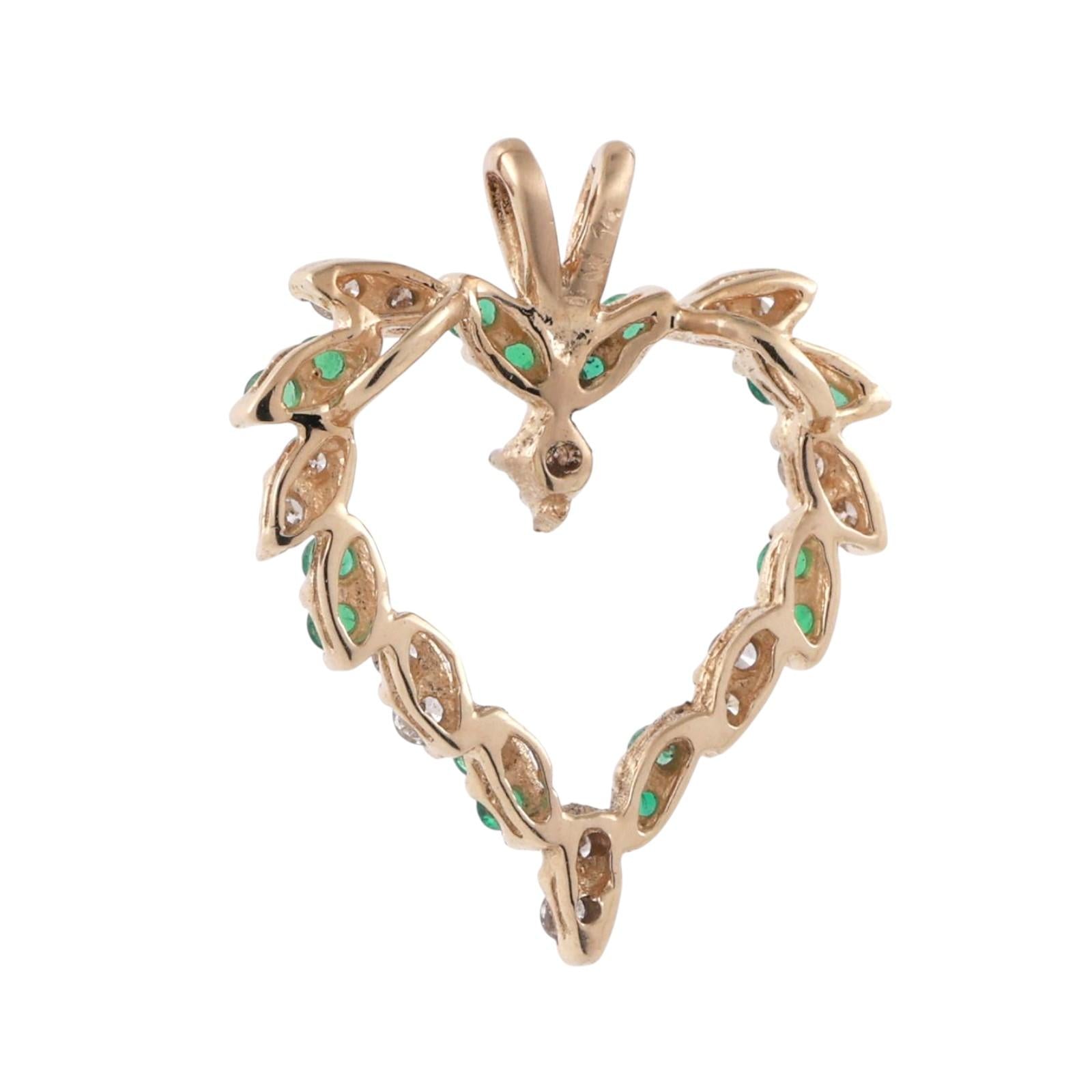 Emerald Diamond Open Heart Pendant 14K Yellow Gold 0.65 CTW 0.98" Ladies Estate