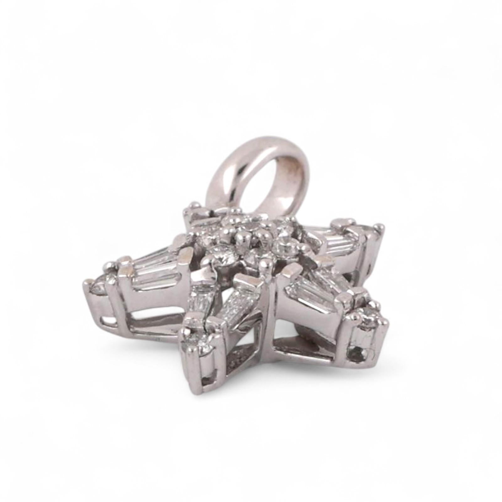 Diamond Star Pendant Charm 14K White Gold Round Baguette Diamonds 0.33 TW 0.47"
