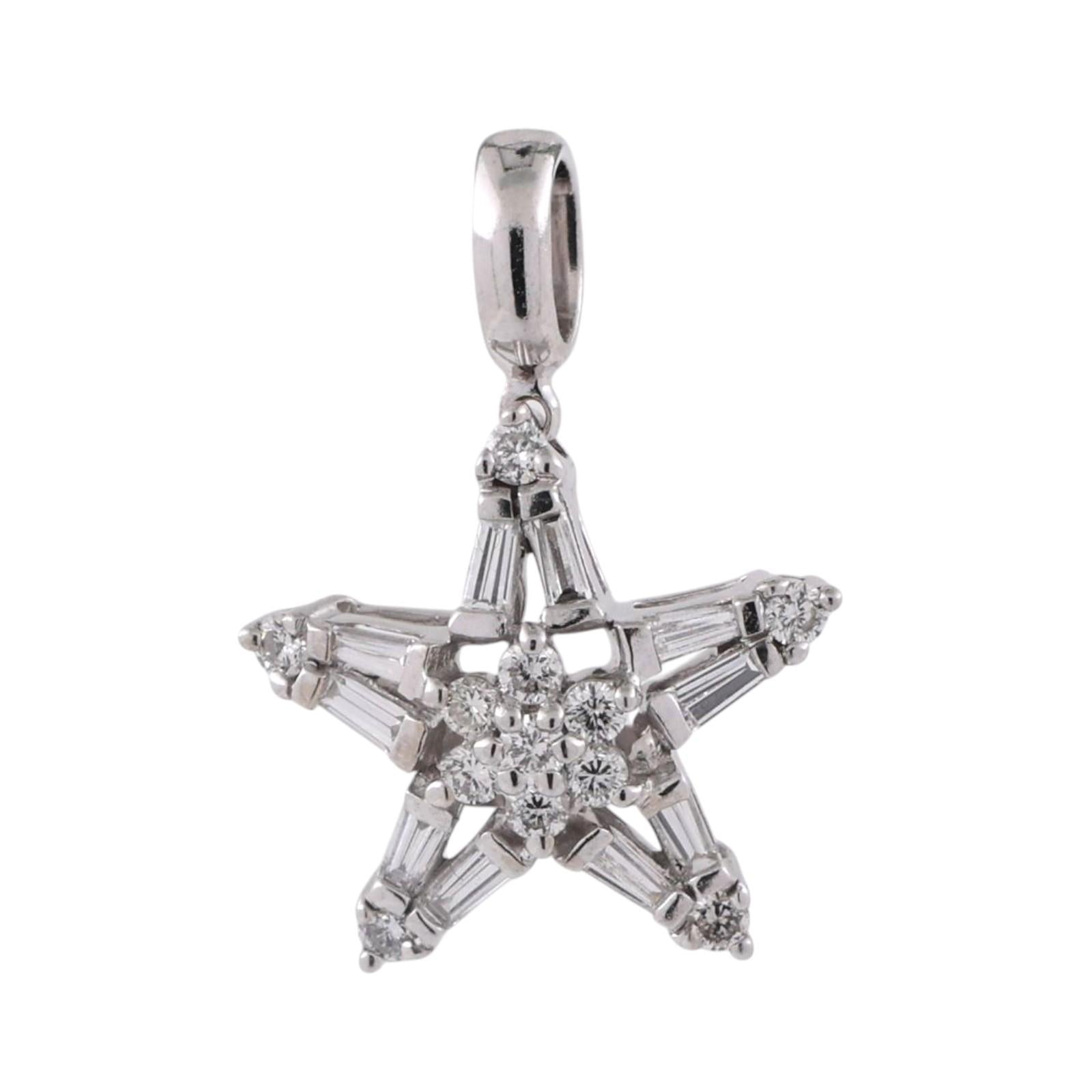 Diamond Star Pendant Charm 14K White Gold Round Baguette Diamonds 0.33 TW 0.47"