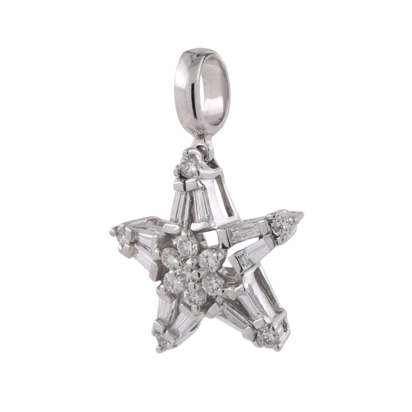 Diamond Star Pendant Charm 14K White Gold Round Baguette Diamonds 0.33 TW 0.47"