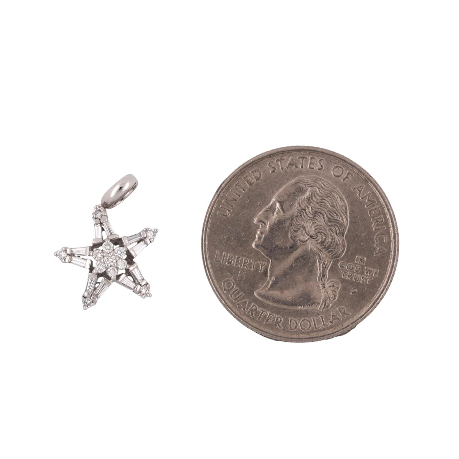 Diamond Star Pendant Charm 14K White Gold Round Baguette Diamonds 0.33 TW 0.47"