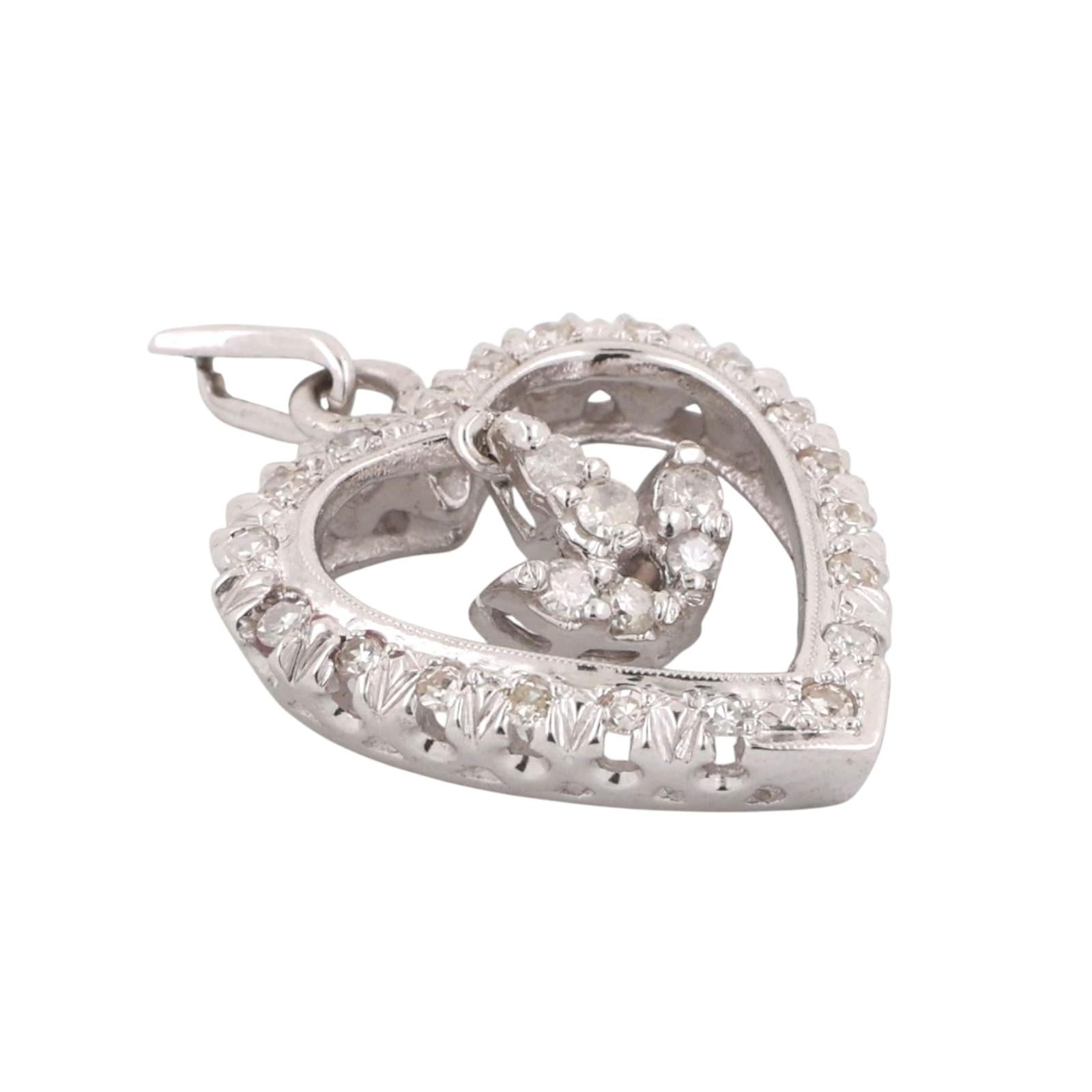 Diamond Open Heart Dangle Accent Pendant Charm White Gold 0.50 TW 1.10" Estate