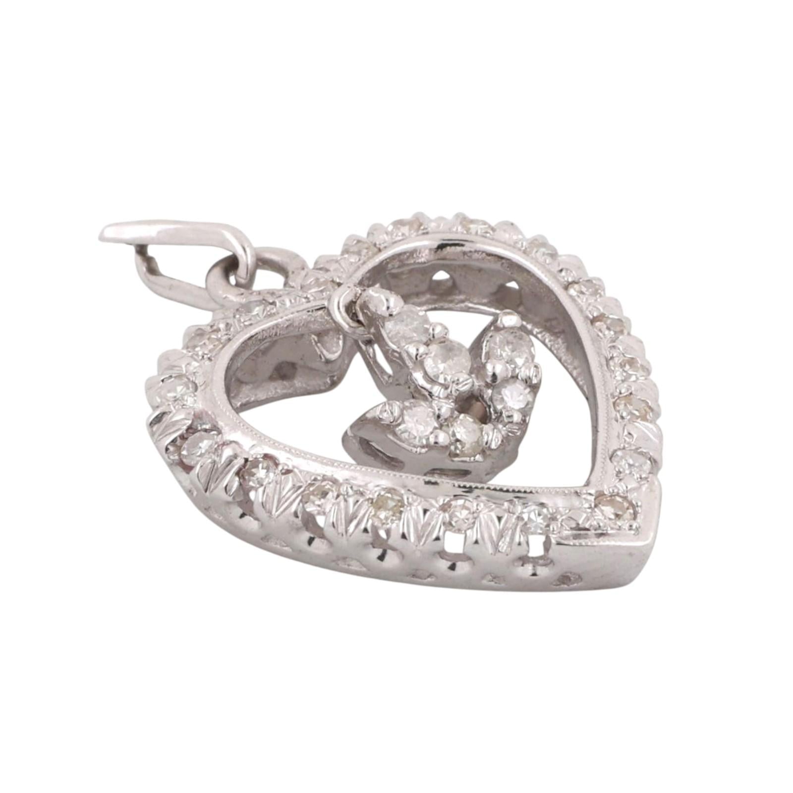 Diamond Open Heart Dangle Accent Pendant Charm White Gold 0.50 TW 1.10" Estate