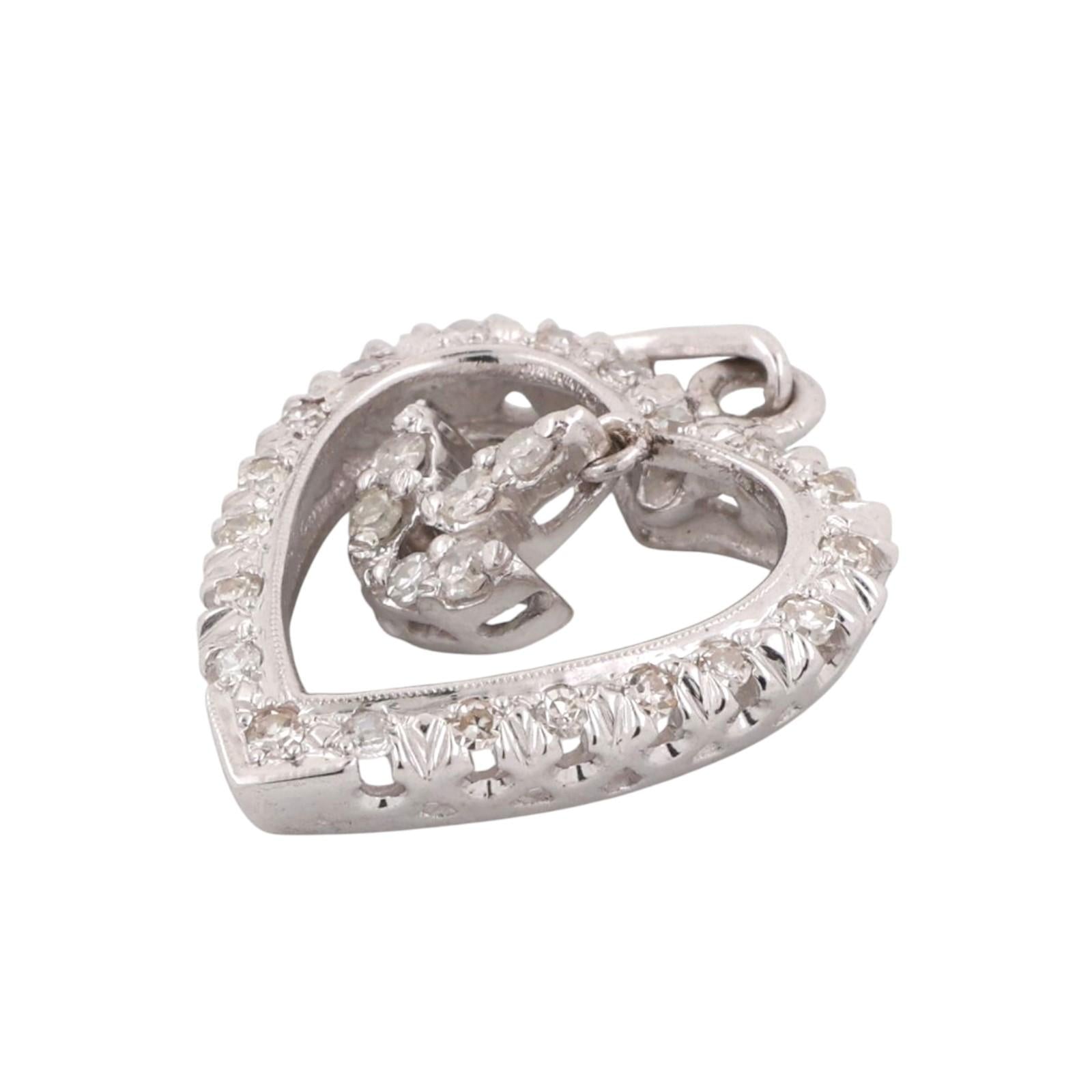 Diamond Open Heart Dangle Accent Pendant Charm White Gold 0.50 TW 1.10" Estate